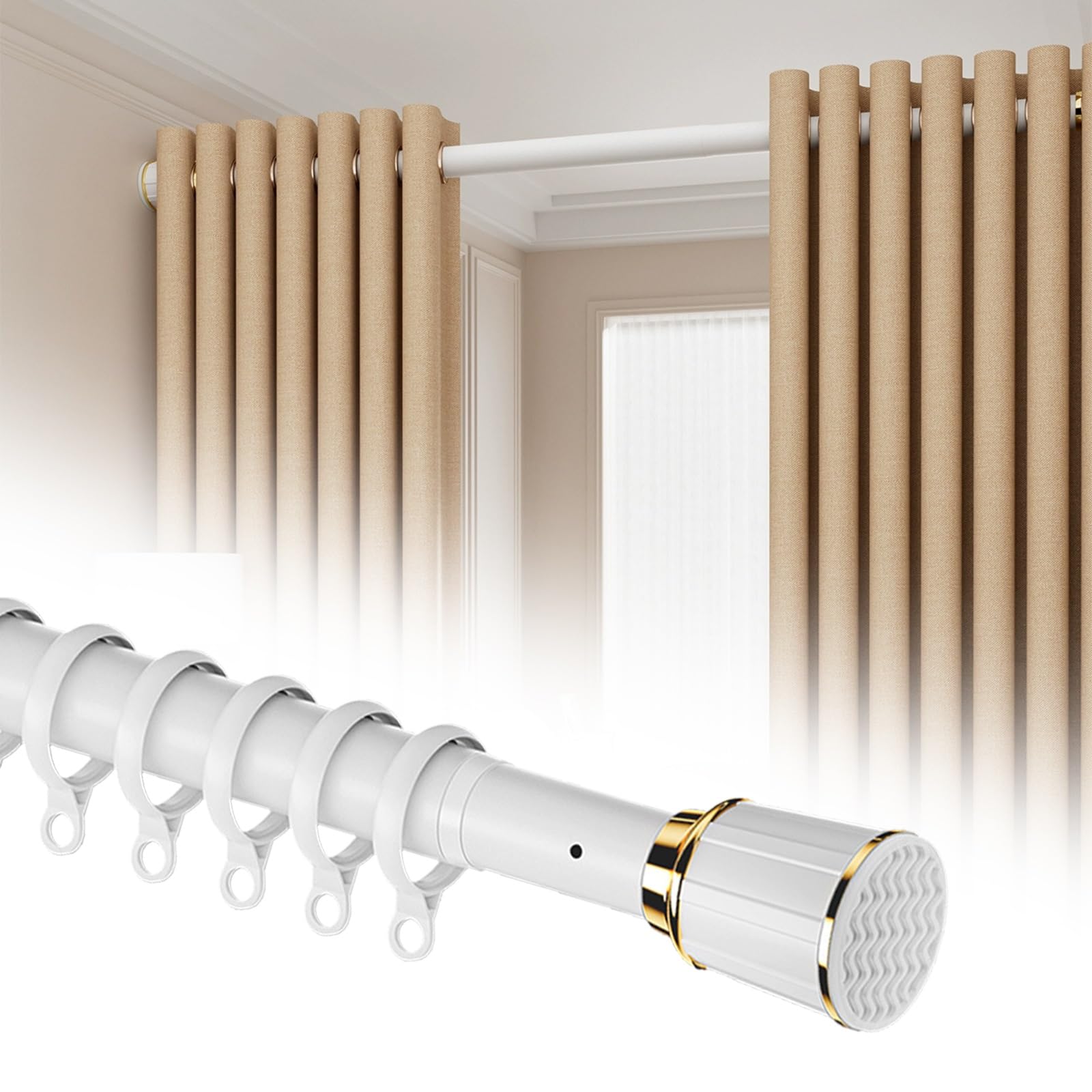 Barra de cortina de ducha ajustable sin taladrar de 15 a 192 pulgadas, acero inoxidable, fácil instalación, barra de baño, perfecta para armarios (blanco, 122-157 pulgadas)