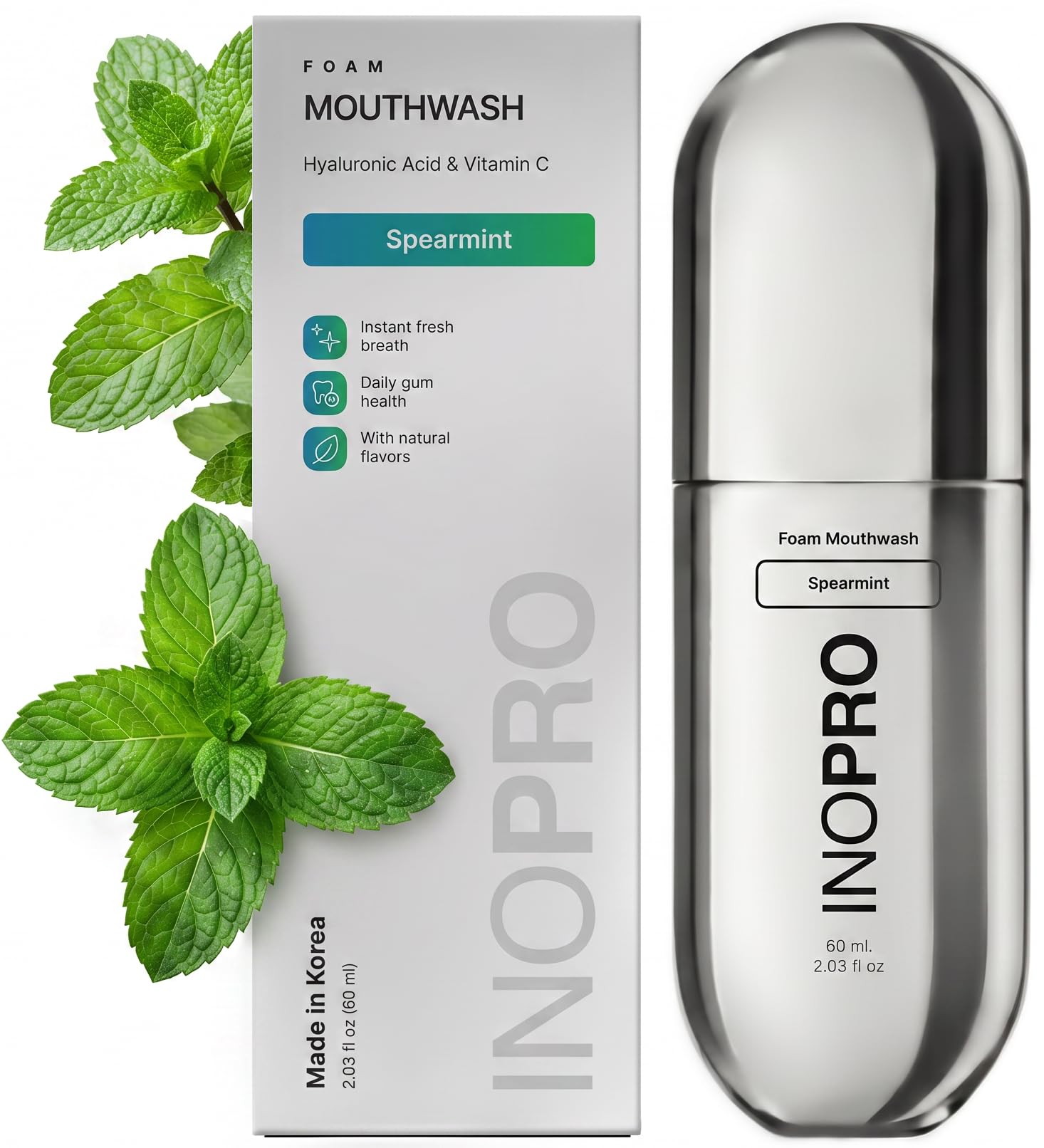 INOPRO Foam Mouthwash with Nano-Hydroxyapatite, Xylitol, Hyaluronic Acid, Vinamin C, Alcohol Free, Fluoride Free Oral Rinse Portable Travel Size - Spearmint, 2.03 fl oz