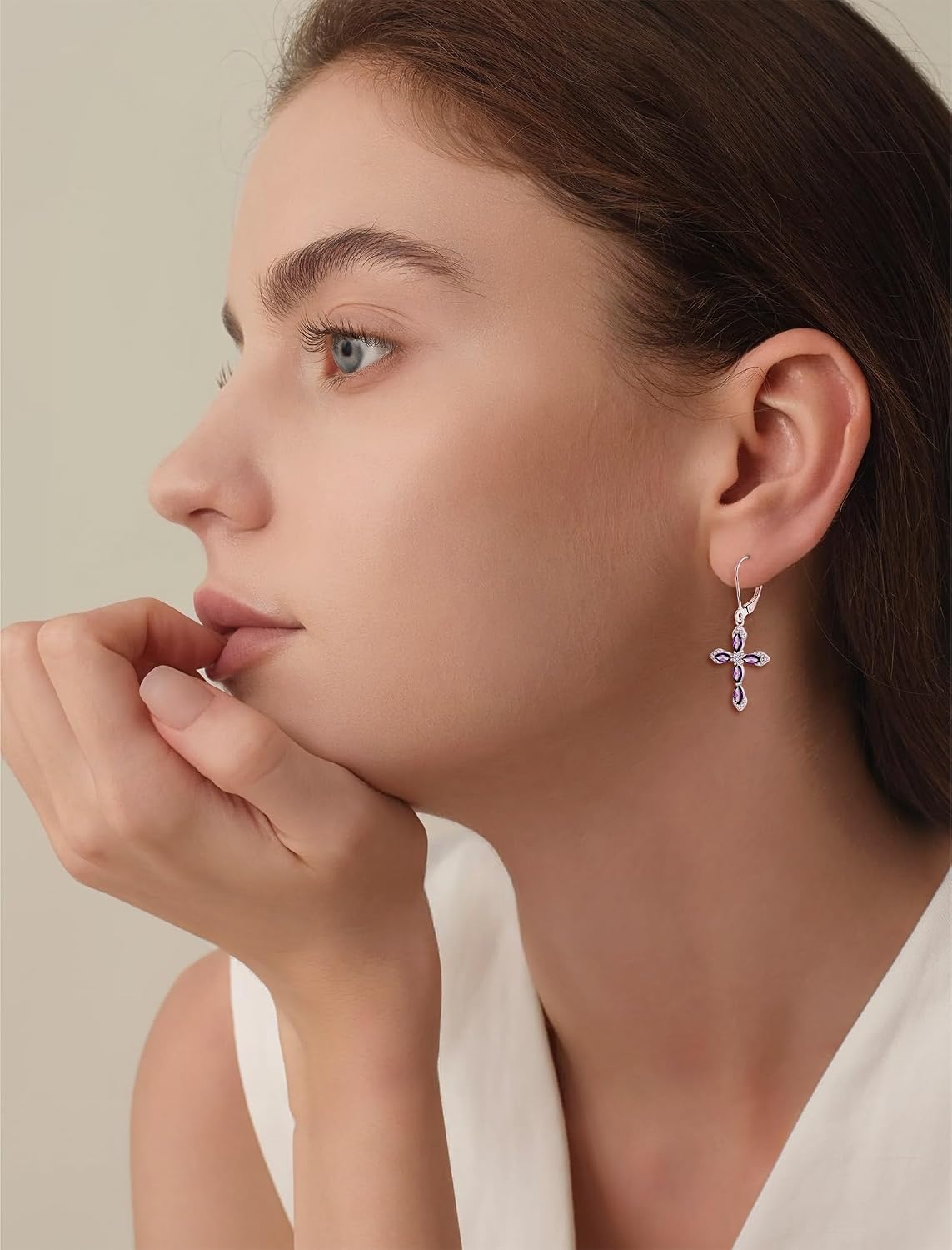 Cross Earrings for Women 925 Sterling Silver Birthstone Dangle Drop Leverback Earrings Christian Religious Jewelry for Her
