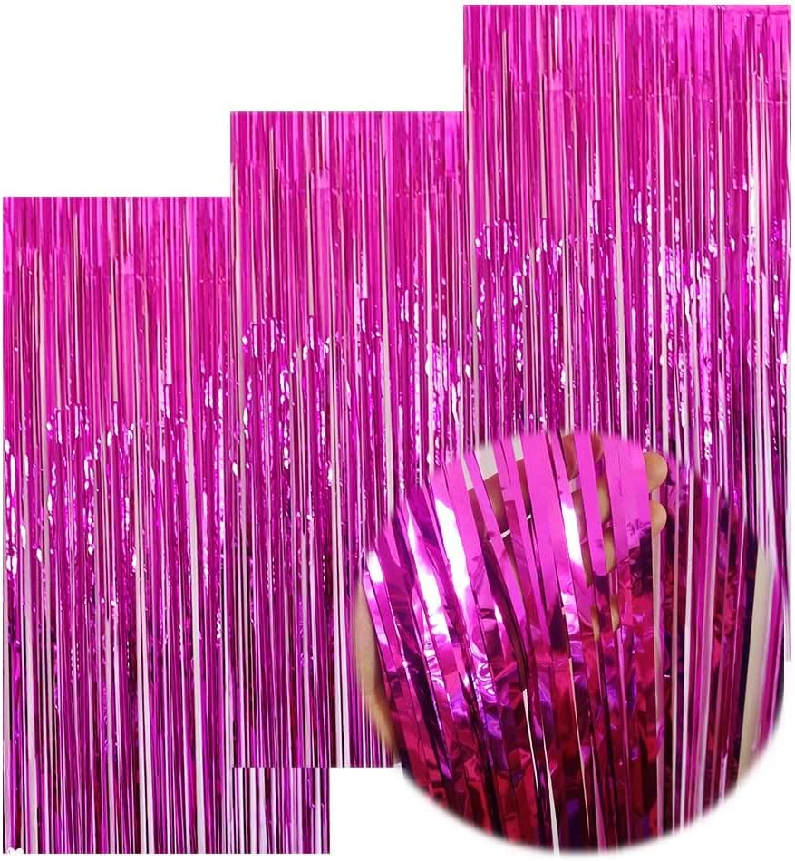 3Pack Foil Fringe Curtains - Metallic Tinsel Backdrop Party Streamers for Girls Women Birthday Decorations Bachelorette Party Decor Rose Red