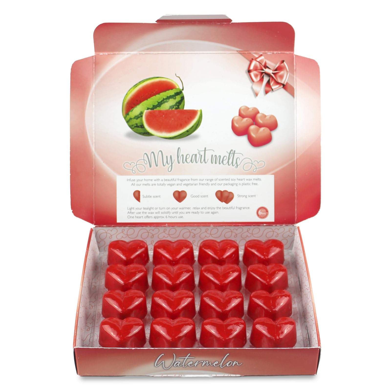 Watermelon Wax Melts - 16 x 0.176 Ounce Heart Shaped, Strong Watermelon Fragrance Wax Melts in an Elegant Presentation Gift Box - Spotless Leopard - Perfect Scented Gift - Made in UK