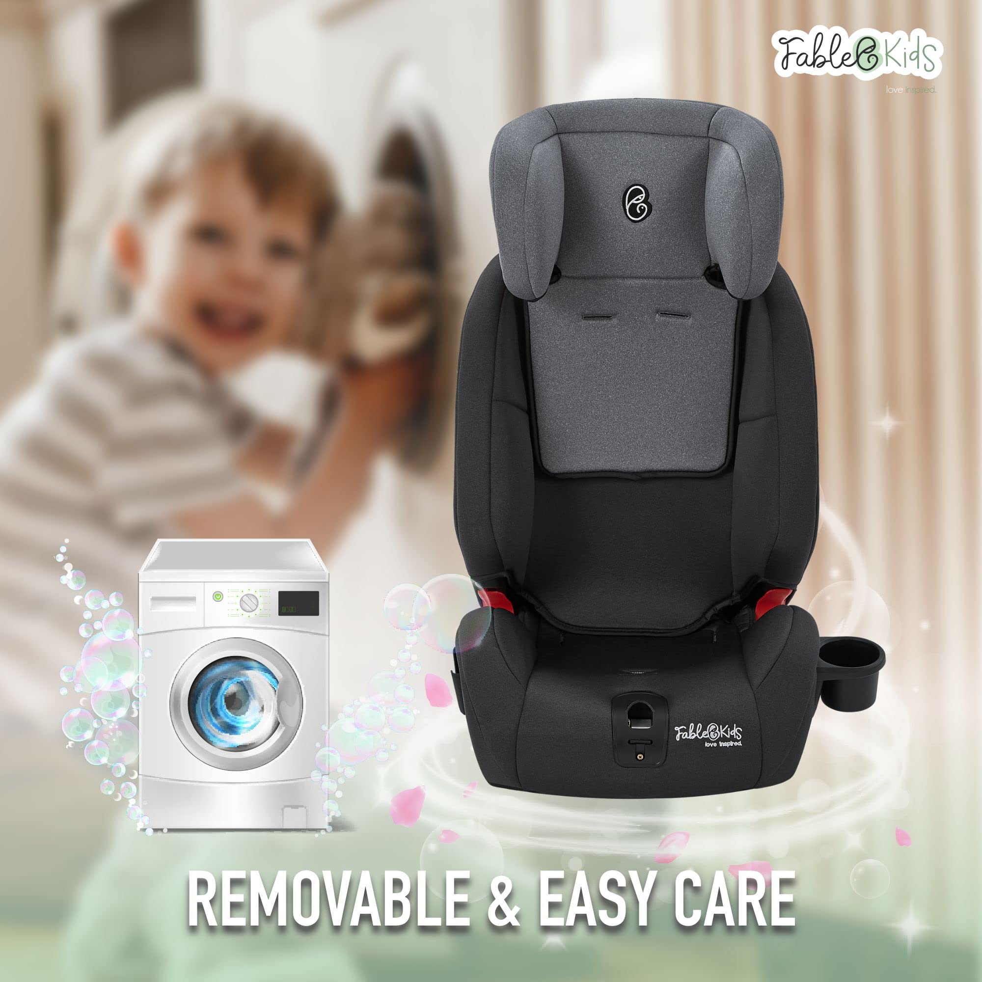 FableKids z Isofix Fotelik samochodowy dla dziecka | Fotelik samochodowy | Fotelik dziecięcy | Grupa 1/2/3 9-36 kg | Zagłówek regulowany w 8 pozycjach i uchwyt na kubek |Szary Czarny