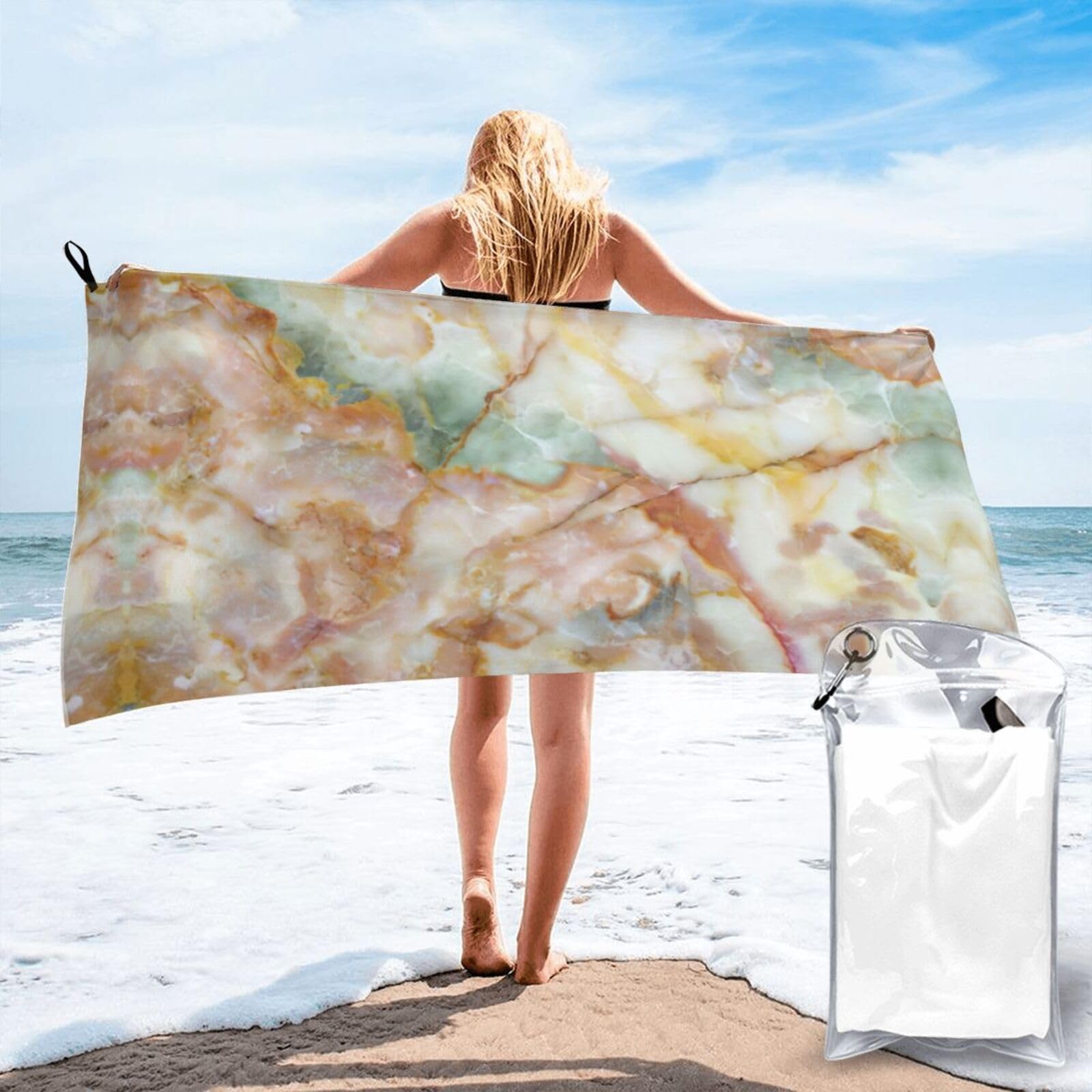 VCzsdff Golden Marble Print Quick Dry Towel Compact Beach Shower Wrap For Camping Fitness
