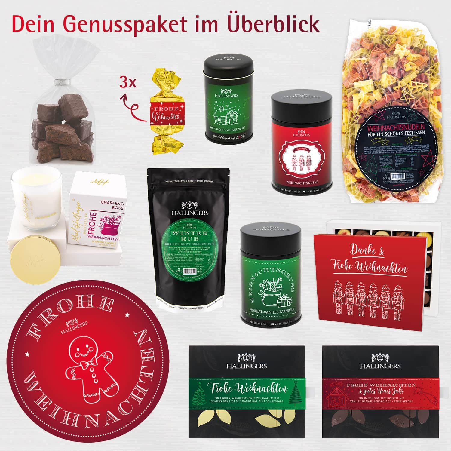 Hallingers Genuss Manufaktur Feinkost Weihnachts-Geschenk-Set - XXL-Geschenkkorb "Frohe Weihnachten" große Selektion Pralinen, Pasta, Lebkuchen, Nougat, Duftkerze, Tee & mehr, Weihnachten für Frauen