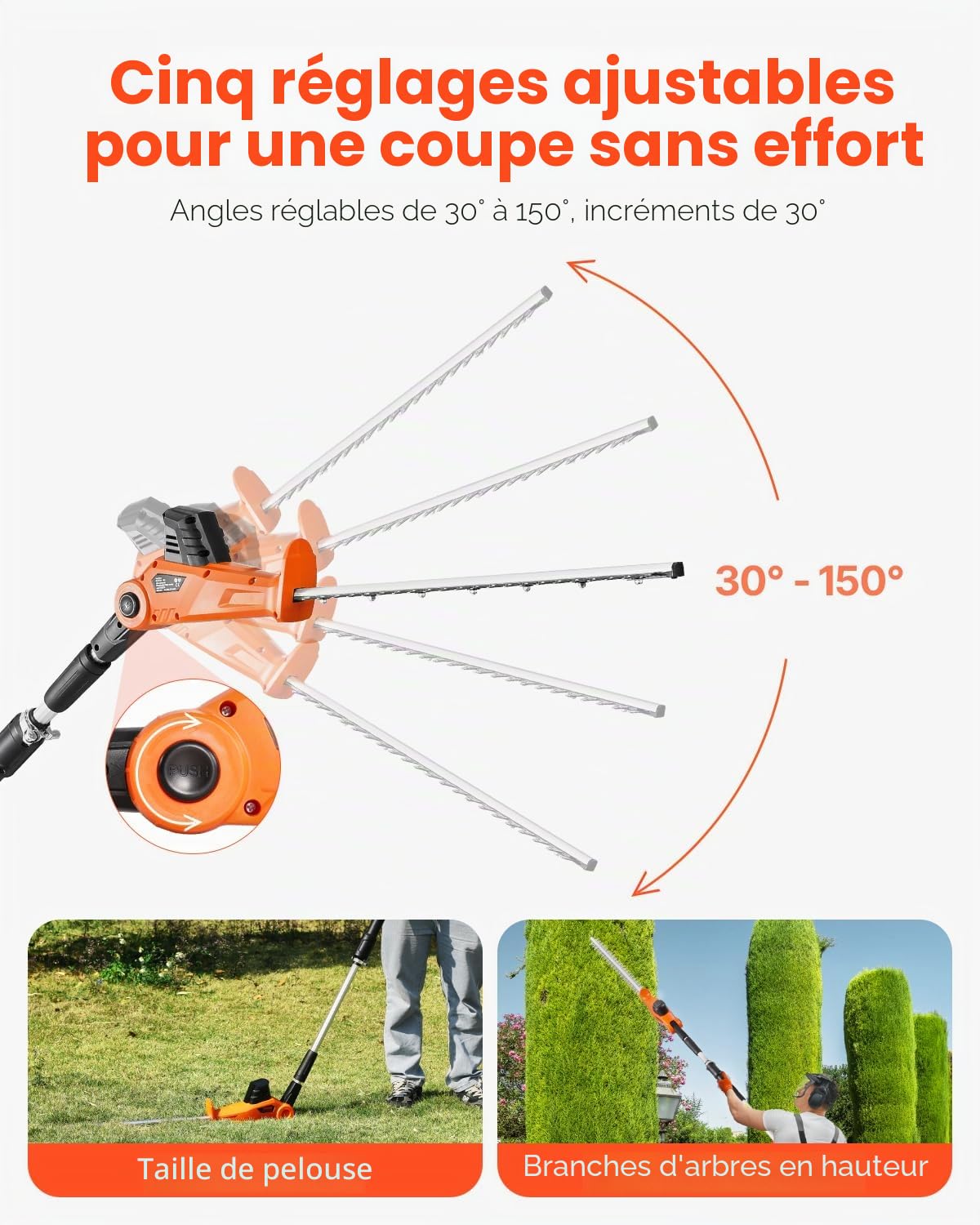VEVOR Taille-haie Électrique sans Fil sur Perche Extensible 1,9-2,4 m 20 V Batterie 2 A, avec Lame 510 mm, 5 Angles Réglables 30°-150°, pour Entretien des Branches Hautes, Taillage Arbres de Jardin