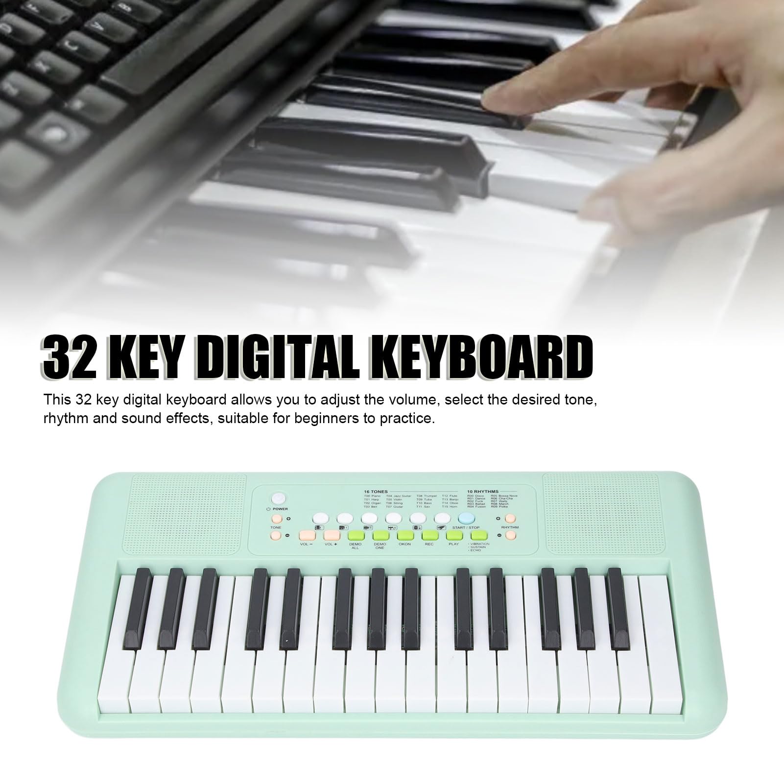 Teclado Eléctrico Portátil, 44 X 22 X 6 Cm Teclado Eléctrico de 32 Teclas de Piano Portátil para Principiantes (Verde Aguacate)