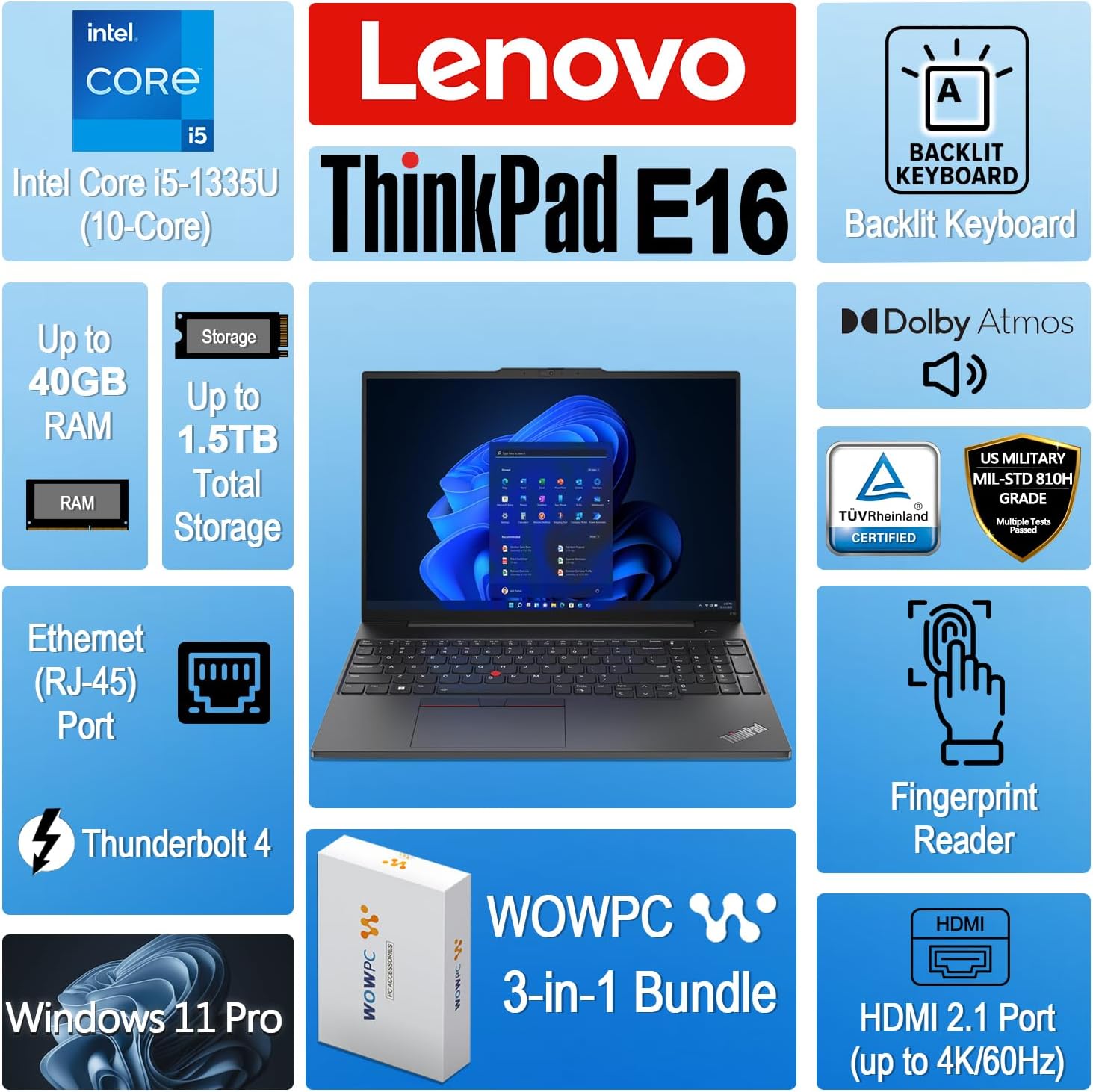 Lenovo ThinkPad E16 AI-Ready 16" Business Laptop, Backlit Keys, Fingerprint, Intel i5-1335U(>i7-1255U), 40GB RAM, 1.5TB Total Storage(1TB SSD+500GB External Drive), Windows 11 Pro, WOWPC, No Mouse