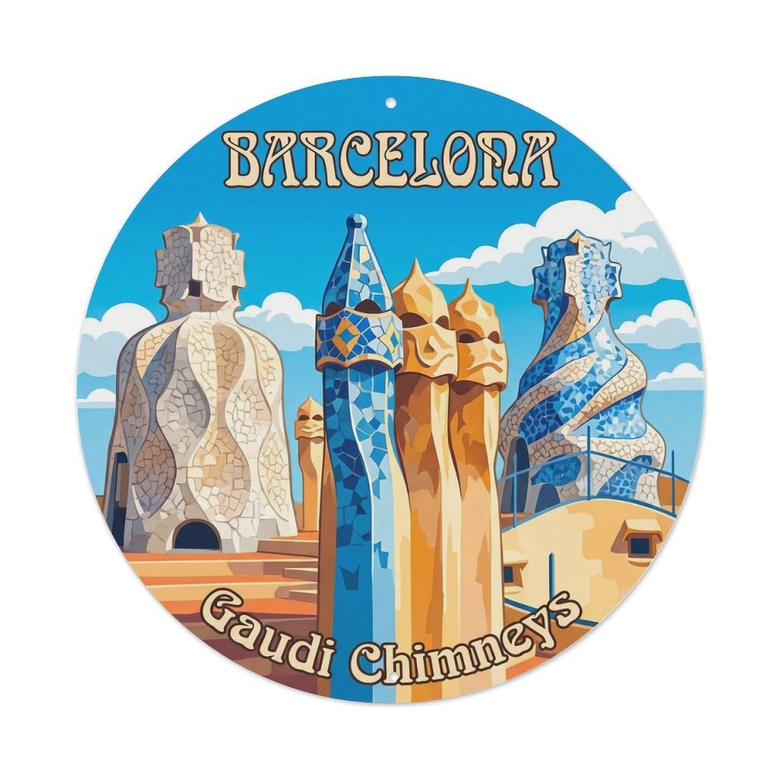 Vintage Barcelona Chimney Modernist Catalan Architecture Spanish Metal Tin Sign Plaque Wall Decor for Cafe, Man Cave, Club Bar, Office, Home Garden Round Metal Poster 8x8Inch