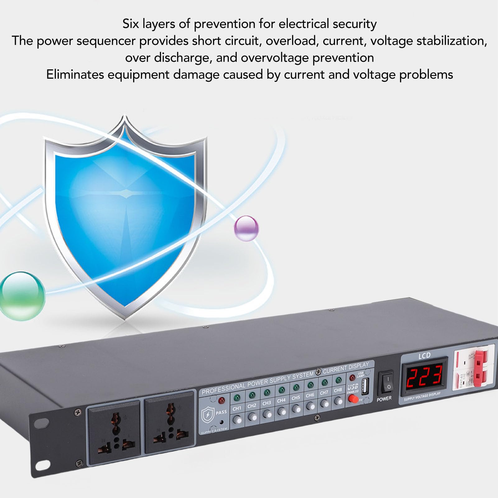 Asixxsix Power Sequencer Conditioner 10 Outlet, Rack Mount Audio Digital Power Supply Controller Regler mit Echtzeitspannung und Verzögerungsschalter für die Heimkino -Bühne (EU-Stecker)