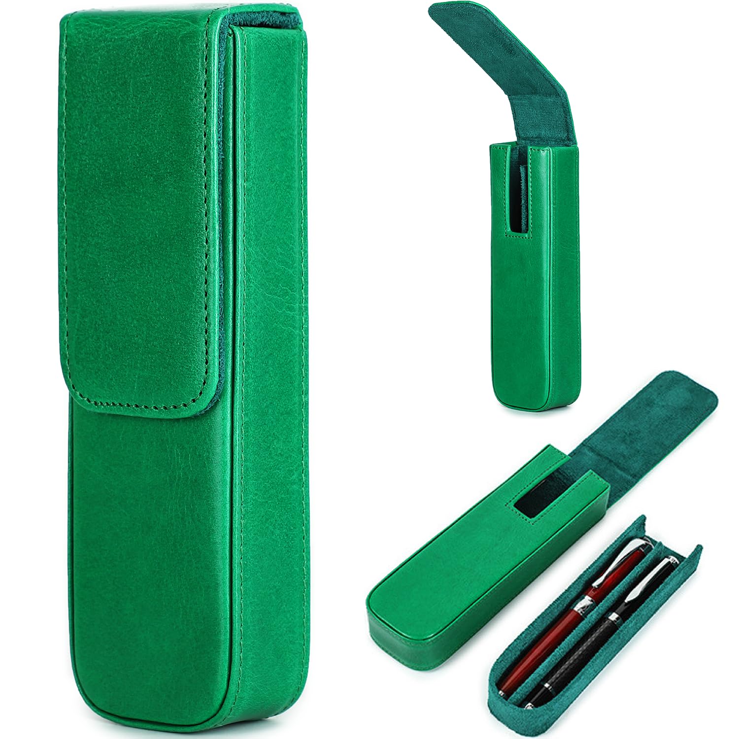 CataPurus Top Grain Genuine Leather 2 Pen/Pencil Tray Case Holder, Minimalist Fashion Design, Handmade, Magnetic Closing with Drawer Design, Gift Choice for Man/Woman/Office, Glossy Green, 2 Slots — image 1