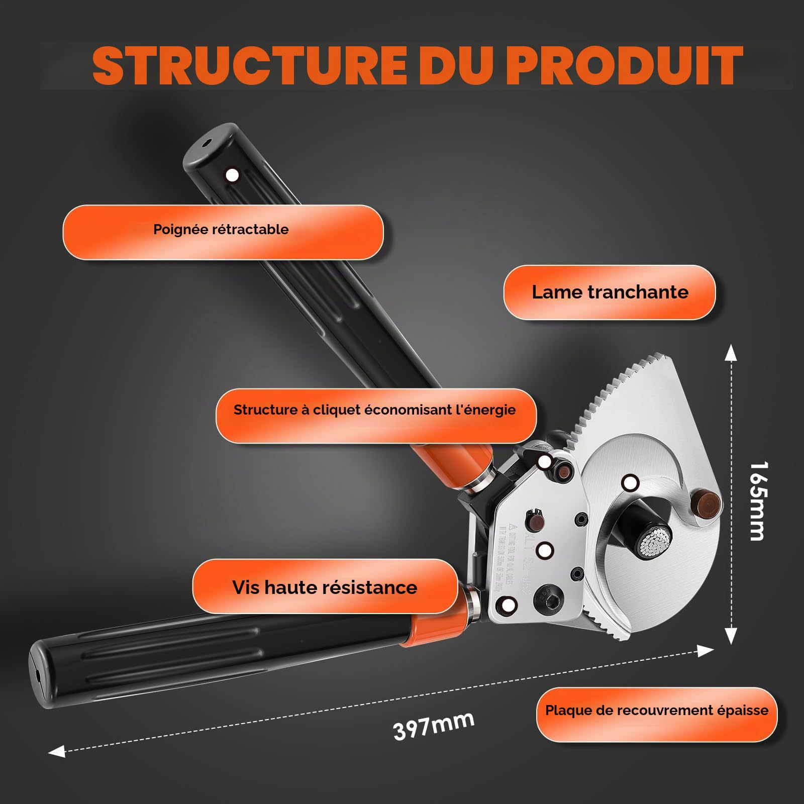 NEWTRY J52 Pince coupe-câble à cliquet robuste pour câbles blindés en cuivre et aluminium de 500 mm², coupe facile et professionnelle - Orange