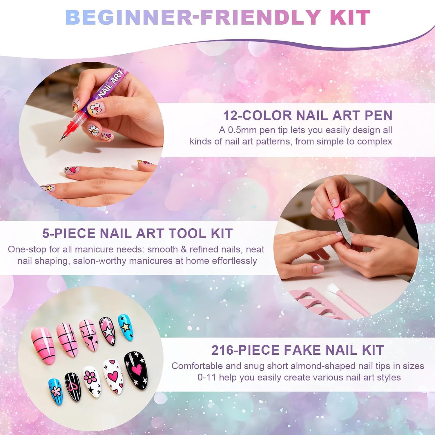 12 Colors Nail Art Pens Set with 216pcsNail Tips and Nail File Kit, Nail Art Markers Quick Dry Waterproof Nail Polish Pens, DIY Practice Kit for Beginners Nail Design Graffiti Dotting Manicure Tools