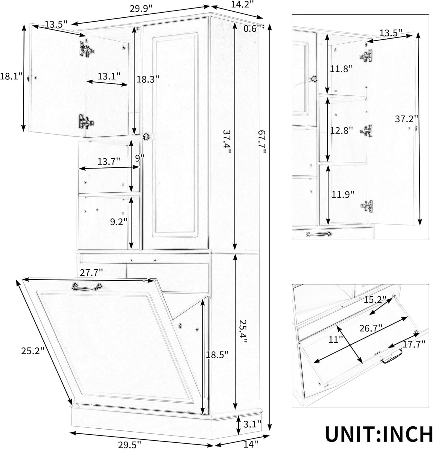 Tall Storage Cabinet with Adjustable Shelves & Flip-Out Basket, MDF Material with Aluminum Alloy Handles, Large Capacity for Bathroom, Kitchen, Living Room, Office Organizer, Oak