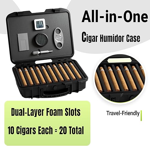 Miniatura 5 de Estuche de viaje para 20 puros, incluye higrómetro digital, cortador de metal y humidificador, impermeable IP67 y bloqueo TSA, almacenamiento