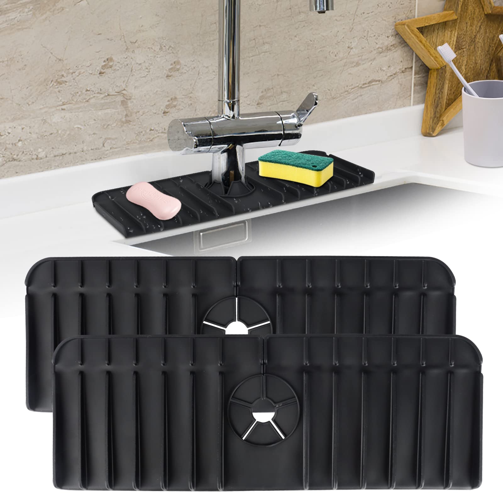 2 Pcs Silicone Faucet Mat for Kitchen Sink, KETIEE Faucet Water Catcher Mat, Sink Faucet Pad Drip Protector Splash Guard Drip Catcher for Kitchen & Bathroom Faucet Countertop Protect (Black)
