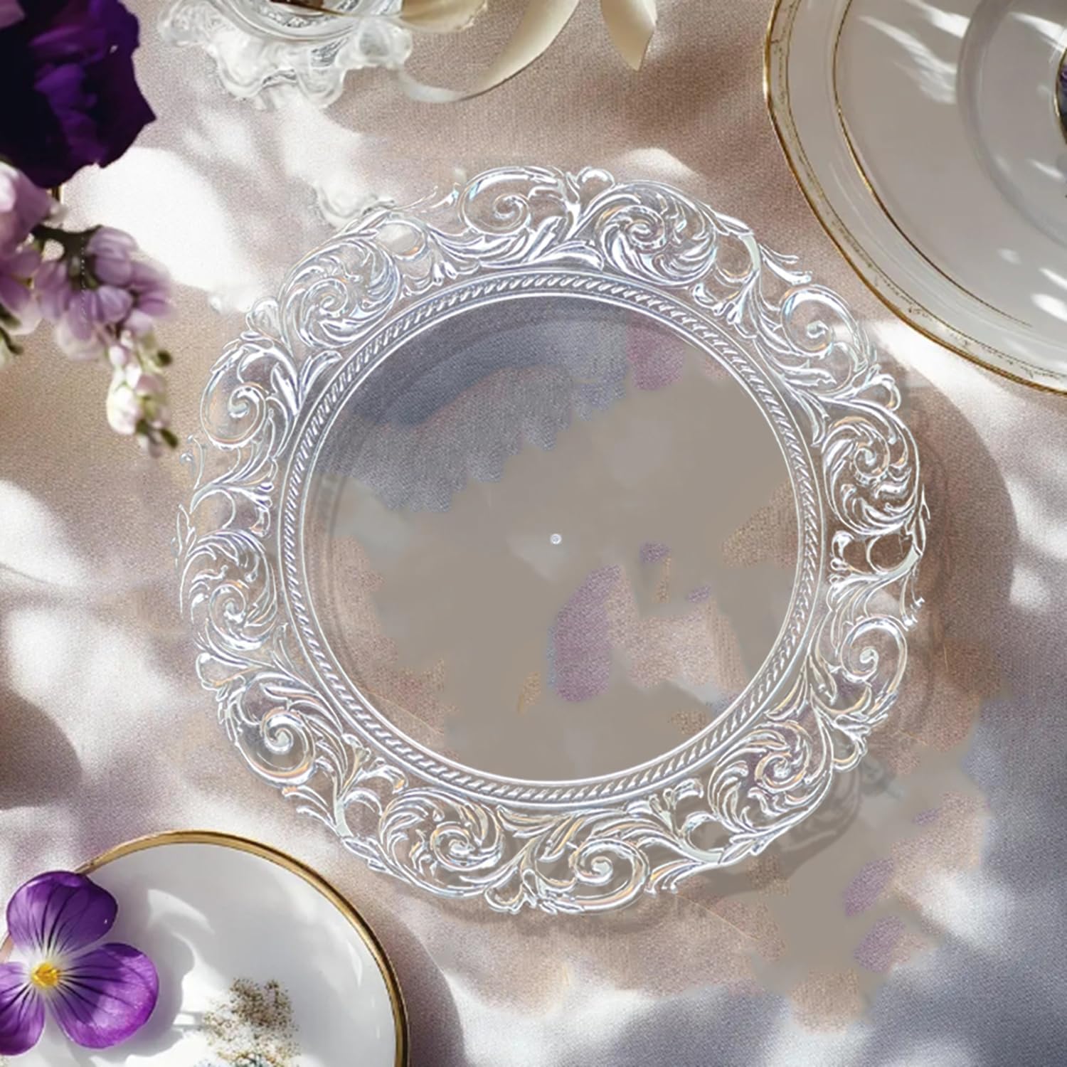 13 Inch Silver Charger Plates Set of 12, Clear Plastic Dinner Charger Plates with Silver Embossed Floral for Dinner Wedding Party