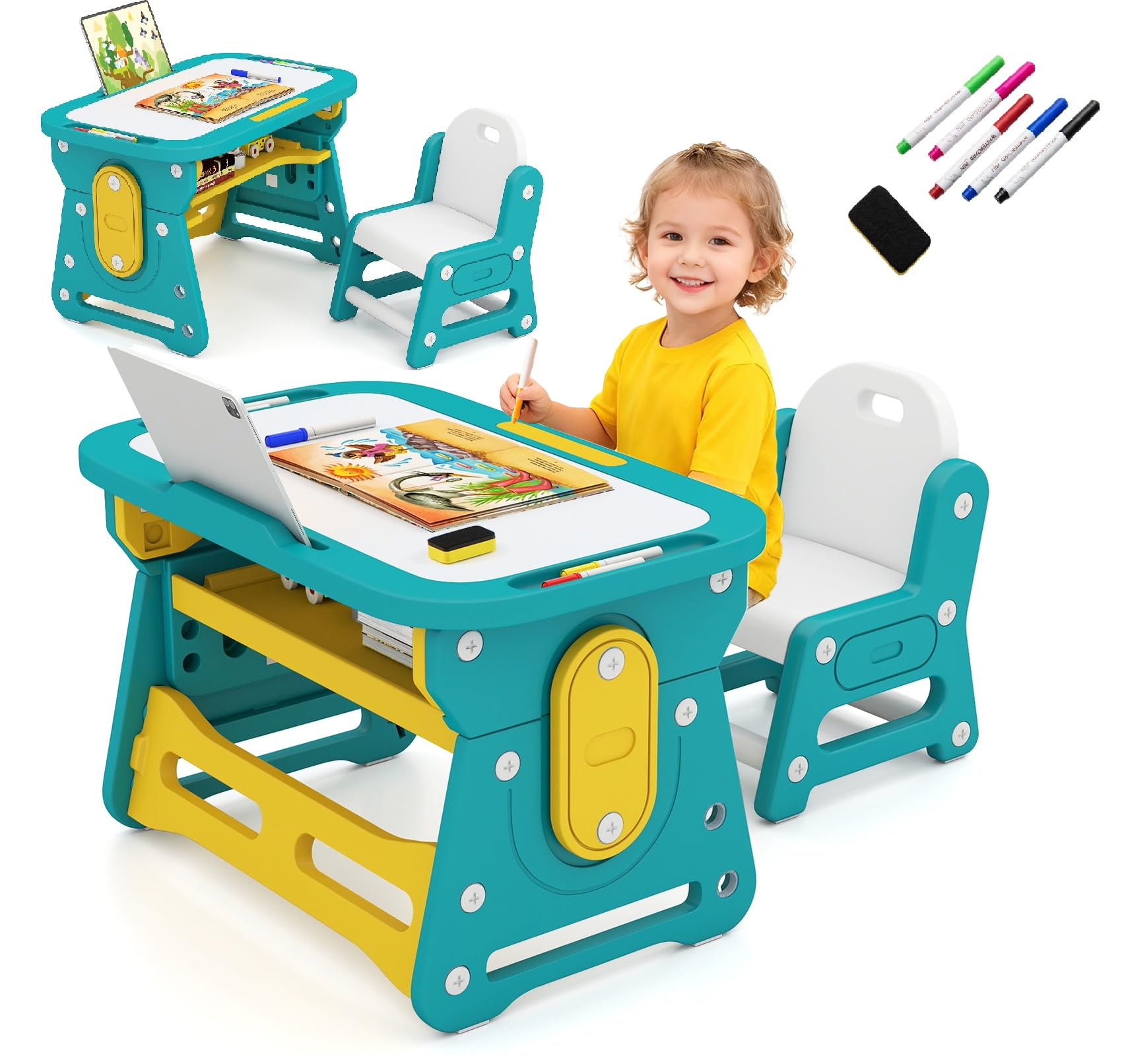 INFANS Kids Table and Chair Set, Activity Table with Magnetic Drawing Board 4 Gears Adjustable Height Bookshelf Watercolor Pens, Toddler Plastic Furniture Table for Playing Reading (Classical Green)