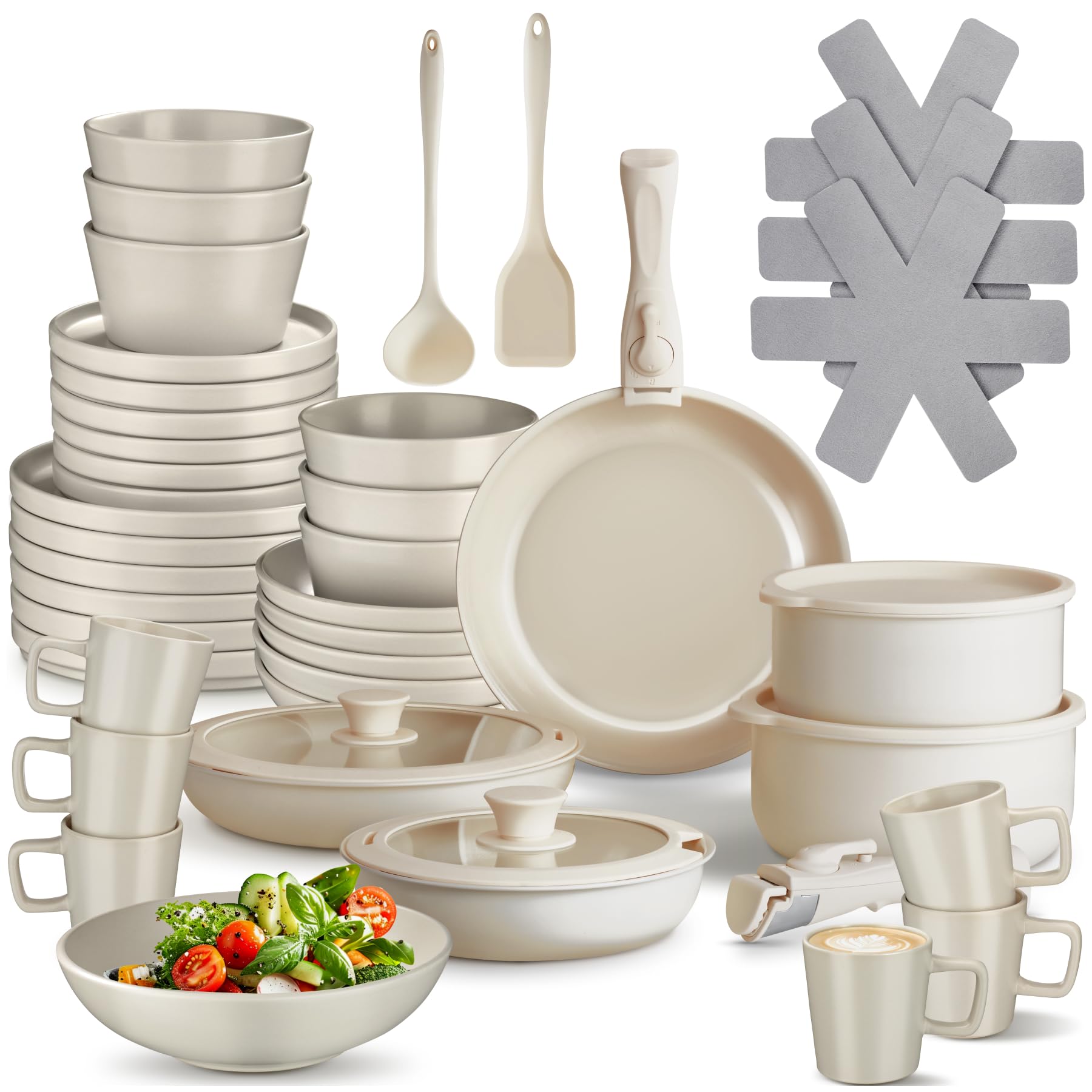 tectake® Küchenstarterset 6 Personen, Steingut Geschirr Set, Teller, 3 Pfannen, 2 Töpfe, rostfreies Aluminium, Kochtopf Set, Töpfe Set, kratzfest, inkl. 5 Küchenwerkzeuge - taupe/weiß, 46-tlg.