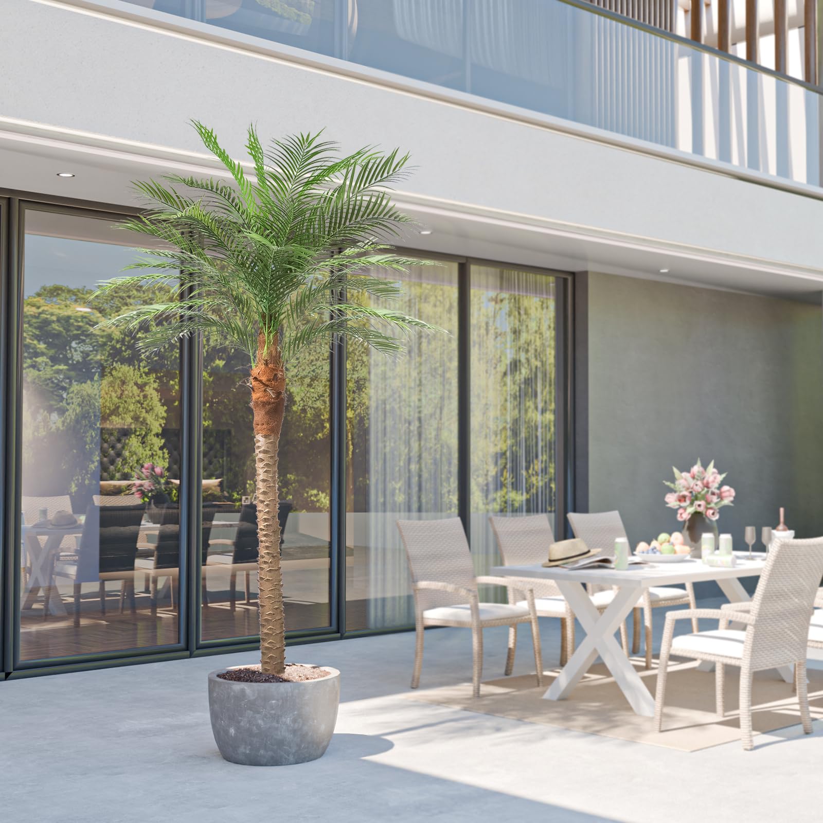 (2) artificial phoenix palm tree 8ft tall - large fake palm tree with 18 adjustable leaves, outdoor/indoor faux sago palm plant for living room patio poolside yard decor 