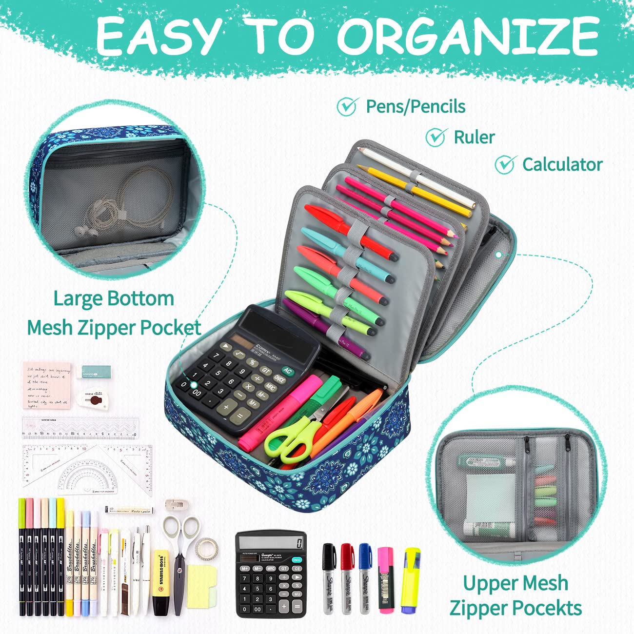 VASCHY Große Federmäppchen, Multi Fächer Mäppchen Organizer 72 Stück Etui Schule Federmappe Federtasche Maeppchen für Jungen Mädchen Blaue Blüten