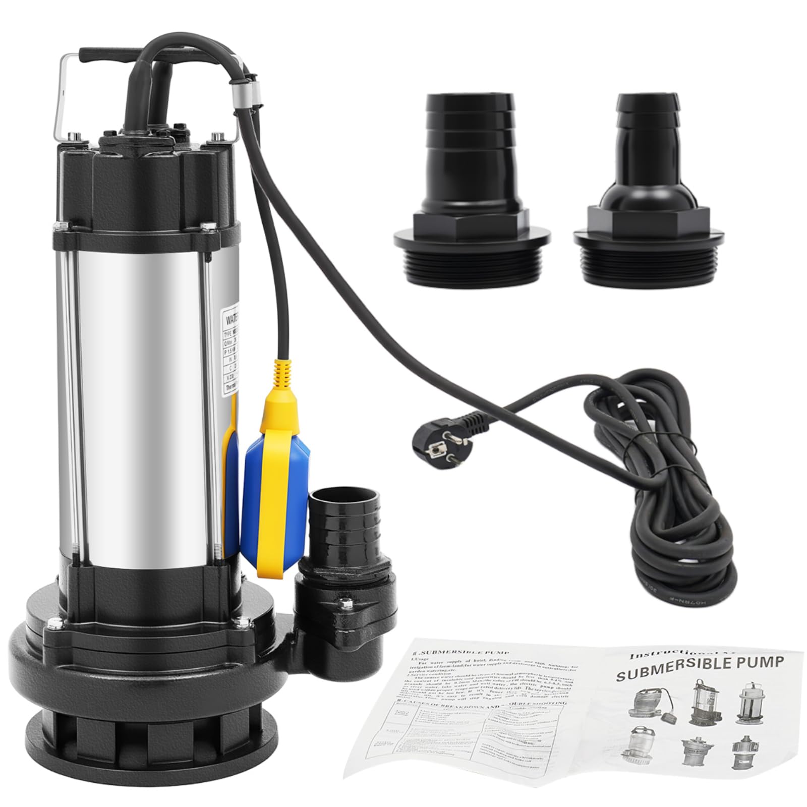 1.5kw Schmutzwasserpumpe, 2850 U/min Schmutzwasser Tauchpumpe, 36 m³/H Edelstahl Fäkalienpumpe, 22m Förderhöhe, Abwasserpumpe mit Schwimmerschalter, für Flusswasser, Seewasser und Brunnenwasser