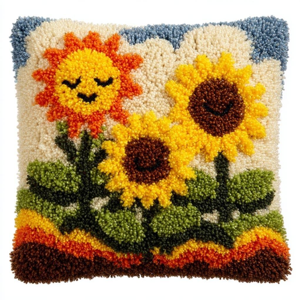 WallustrioaW Latch Hook Kit for Cushion Making,Smiling Sunflower,Complete DIY Craft Kit with Yarn, Hook Tool & Guide,Stress Relief Art Project for Adults/Teens,17x17in