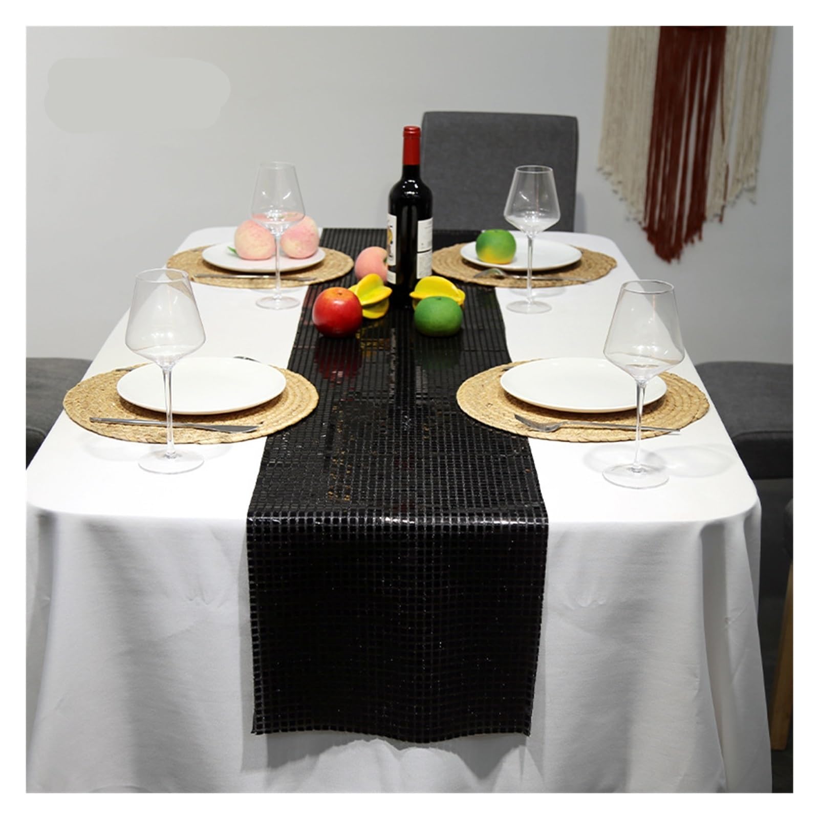 Disco Table Runner Glitter Sequin Disco Table Runner Mirror Gold/Silver Foil Metallic Dining Decoration(Black,30x275cm)