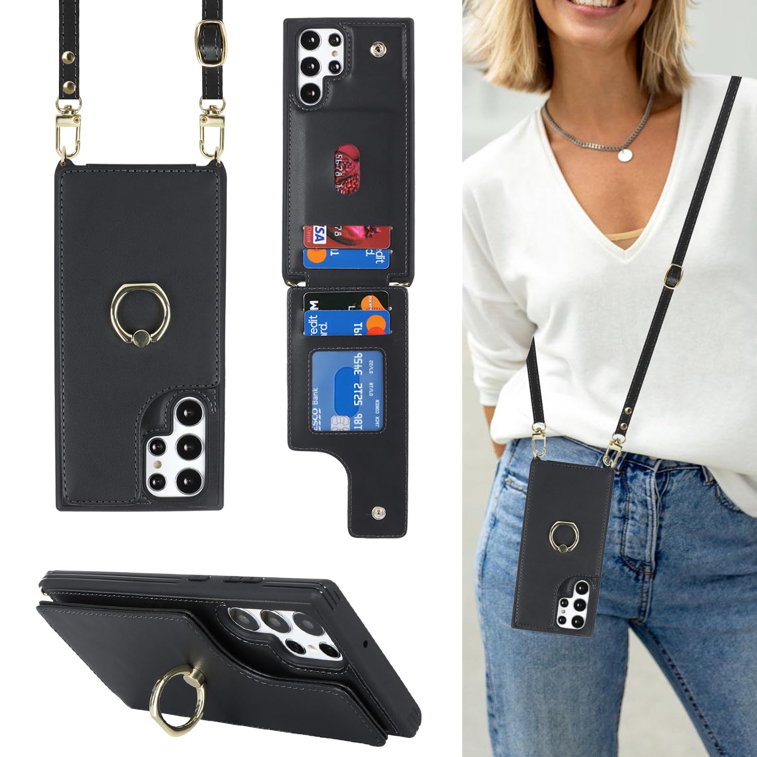 Lipvina for Samsung Galaxy S22 Ultra Case with Card Holder and Strap for Women,Crossbody Lanyard,Ring Stand,Snap Clasp,Phone Wallet Cases 6.8 inch(Black)