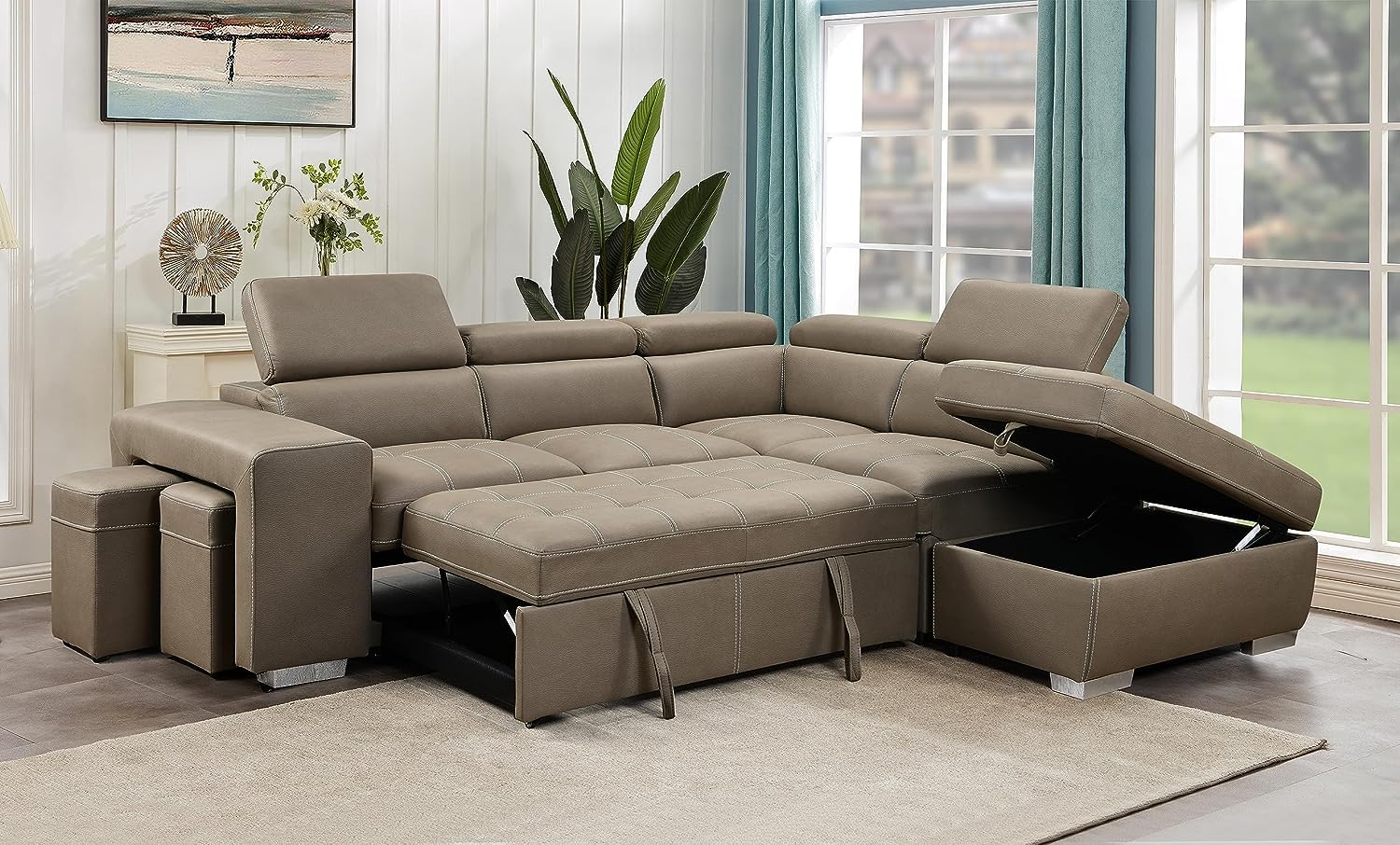 105" Convertible L-Shaped Sectional Corner Sofa with Pull Out Sleeper Couch Bed,Adjustable Headrest,Storage Ottoman and 2 Stools,Upholstered Modular 5-Seat Sofá&Couches for Large Living Room