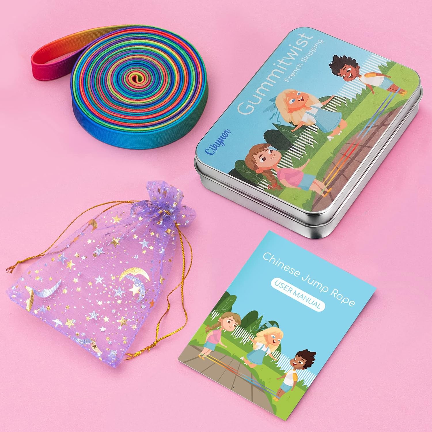 Cikyner Cuerda para Saltar China, 4m de Largo 1.5cm de Ancho Goma Elastica con Instrucciones Goma de Saltar para niños, Juegos para Interiores y Exteriores Ideal para Regalos para Niñas y Niños