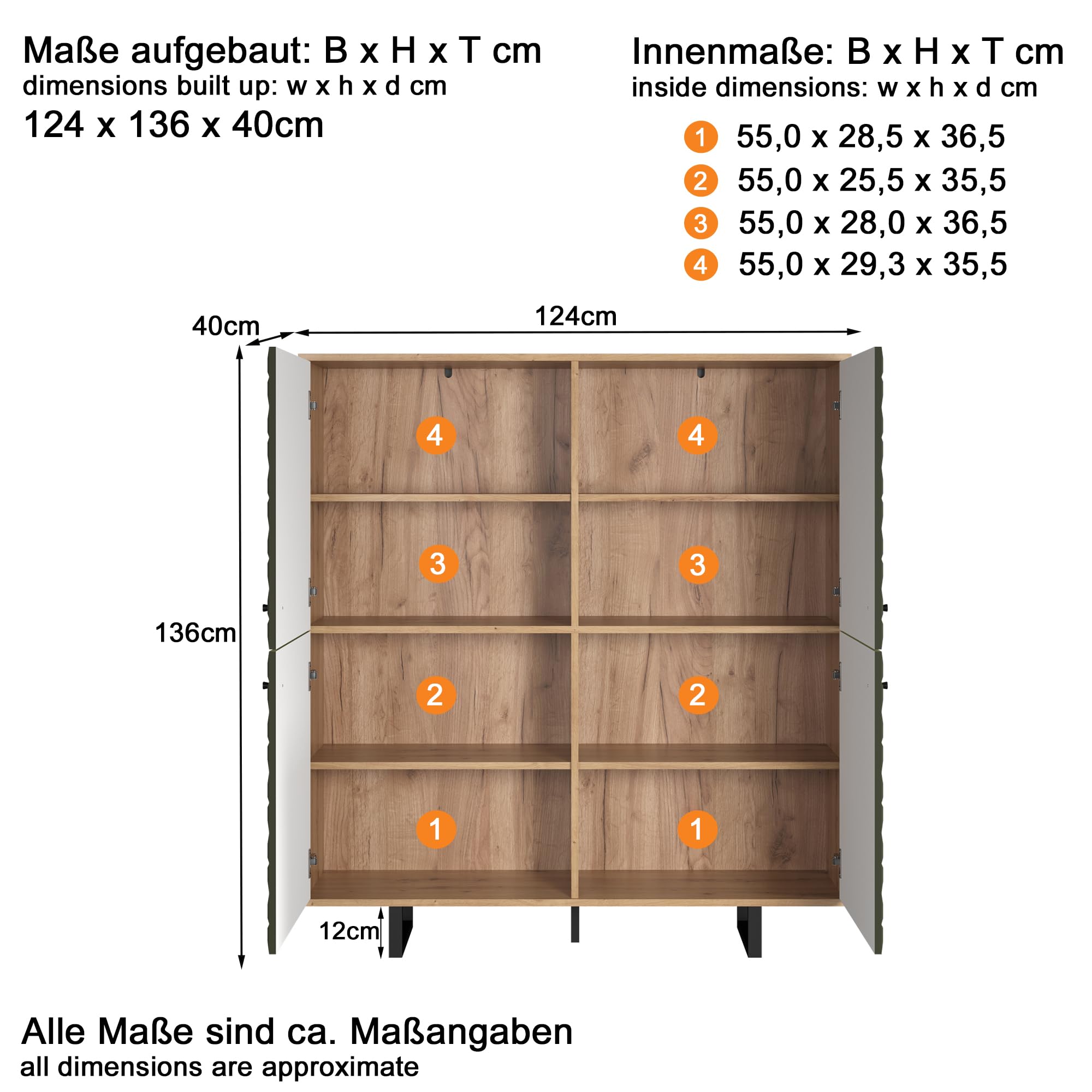 trendteam smart living - Sentra - Highboard - Dunkelgrün/Artisan Eiche - Wohnzimmerschrank mit gefrästen Türen - (BxHxT) 124 x 136 x 40 cm - Metallfüße - kratzfest