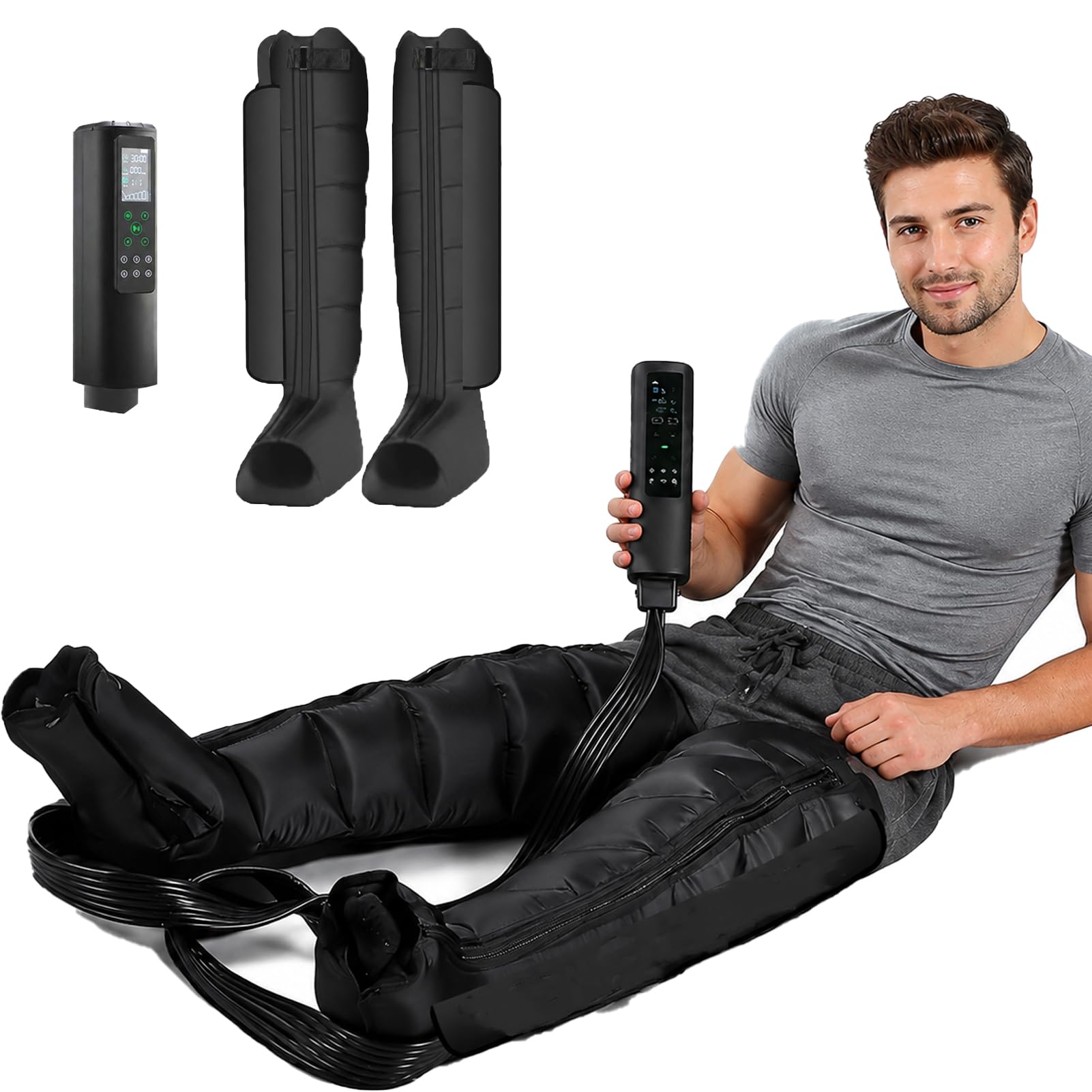 Botas de Presoterapia para Piernas con Masaje por Compresión de Aire | Masajeador de Piernas Profesional, Recuperación Deportiva y Drenaje Linfático, Presión Regulable 60-270 mmHg, 12 modos