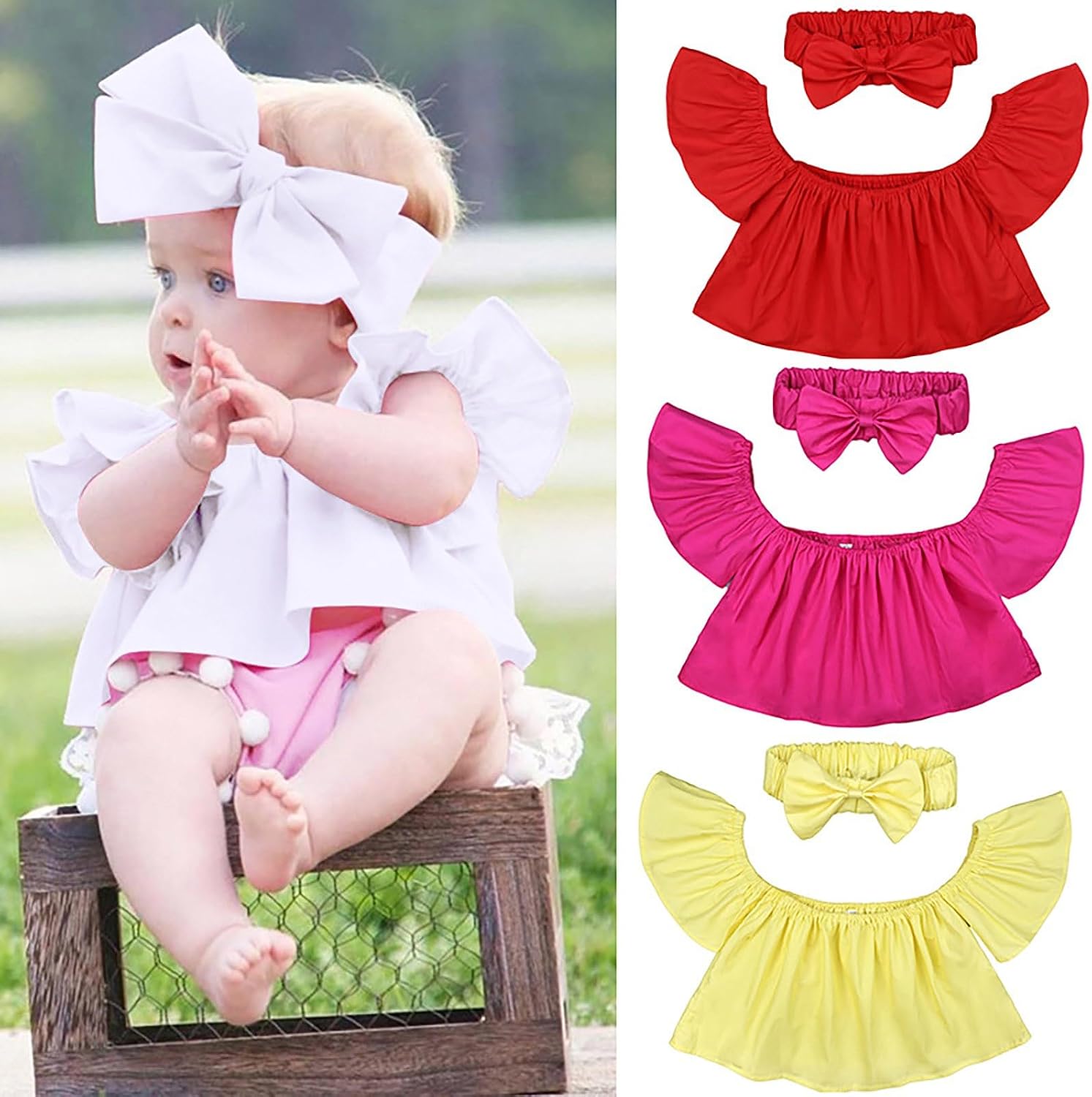 Girls Ruffle Sleeve T-Shirt Off Shoulder Crop Tops Toddler Baby Plain Tee Ruffle Blouse with Headband Cute Summer Outfit