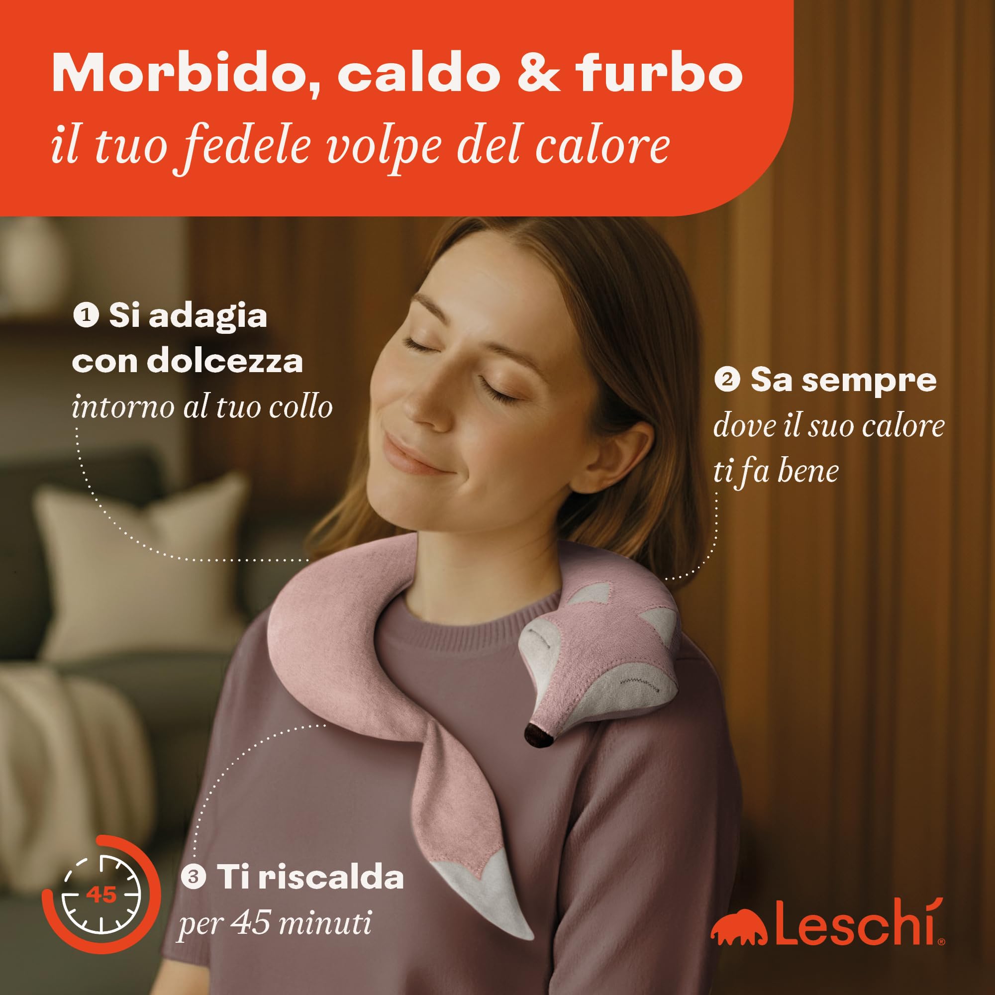 LESCHI Cuscino cervicale termico per microonde - 100% cotone e grano biologico - Cuscino riscaldante ideale per sciogliere tensioni a collo, spalle e schiena - Volpe, rosa