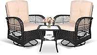 Vista 41 de MEETWARM Juego de 3 piezas de mimbre giratorio para patio al aire libre, mecedoras, juegos de muebles de patio de ratán con cojín grueso y mesa