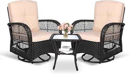 Miniatura 41 de MEETWARM Juego de 3 piezas de mimbre giratorio para patio al aire libre, mecedoras, juegos de muebles de patio de ratán con cojín grueso y mesa