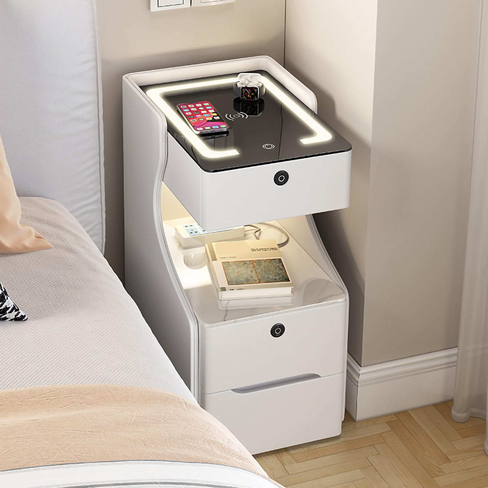 FCHZJCZYT Smart Nightstand with Wireless Charging, Modern Fluted Nightstand W/ Charging Station, Combination Lock Induction Light Strip, Solid Wood for Bedroom Living Room,white,40*40*63cm/16*16*25"