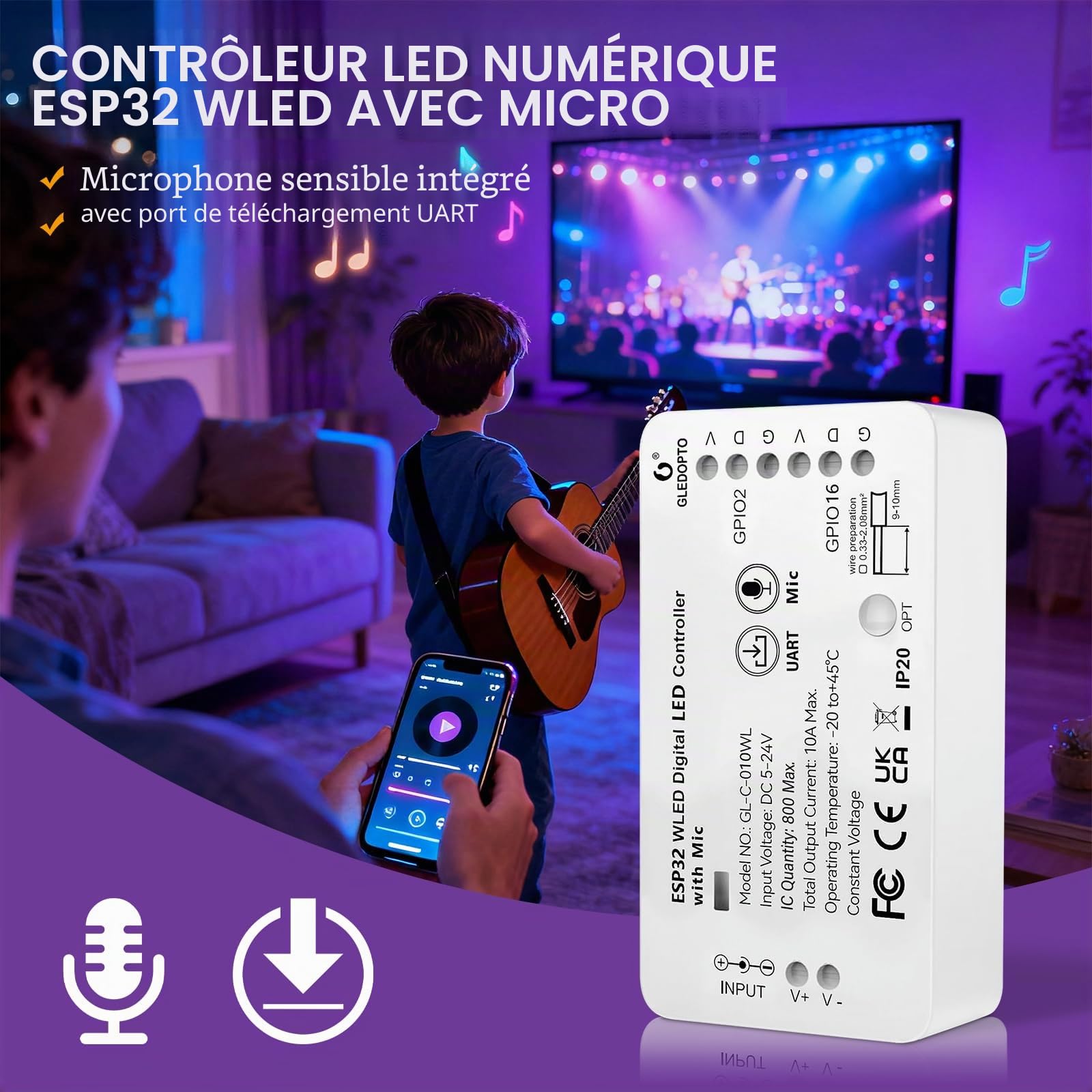 Wled ESP32 WLED Digital Strip Light Controller with MIC Function GL-C-010WL-D Réglable Band with Micro Télécharger WS2811 2812B 2813 2815/GS8208/SM16703P SK6812/TM1814