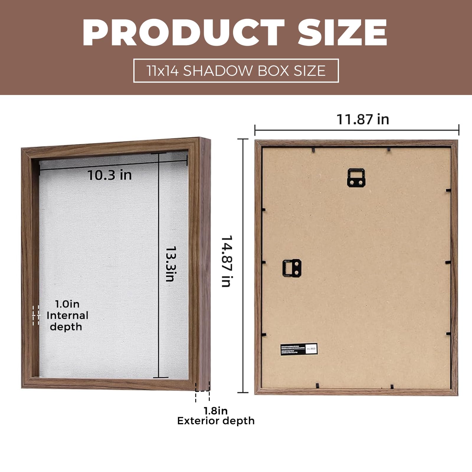 Muzilife Cadre photo de 28 x 35,6 cm avec planche en lin – Bois profond et verre – Boîtier rustique prêt à accrocher souvenirs, épingles, récompenses, médailles, mariage, billets et photos, marron