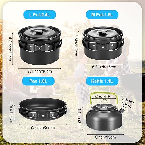 Miniatura 4 de Gejoy Kit de 42 utensilios de cocina para camping, ollas ligeras antiadherentes, recipiente de agua plegable y cubo, tazas de acero inoxidable,