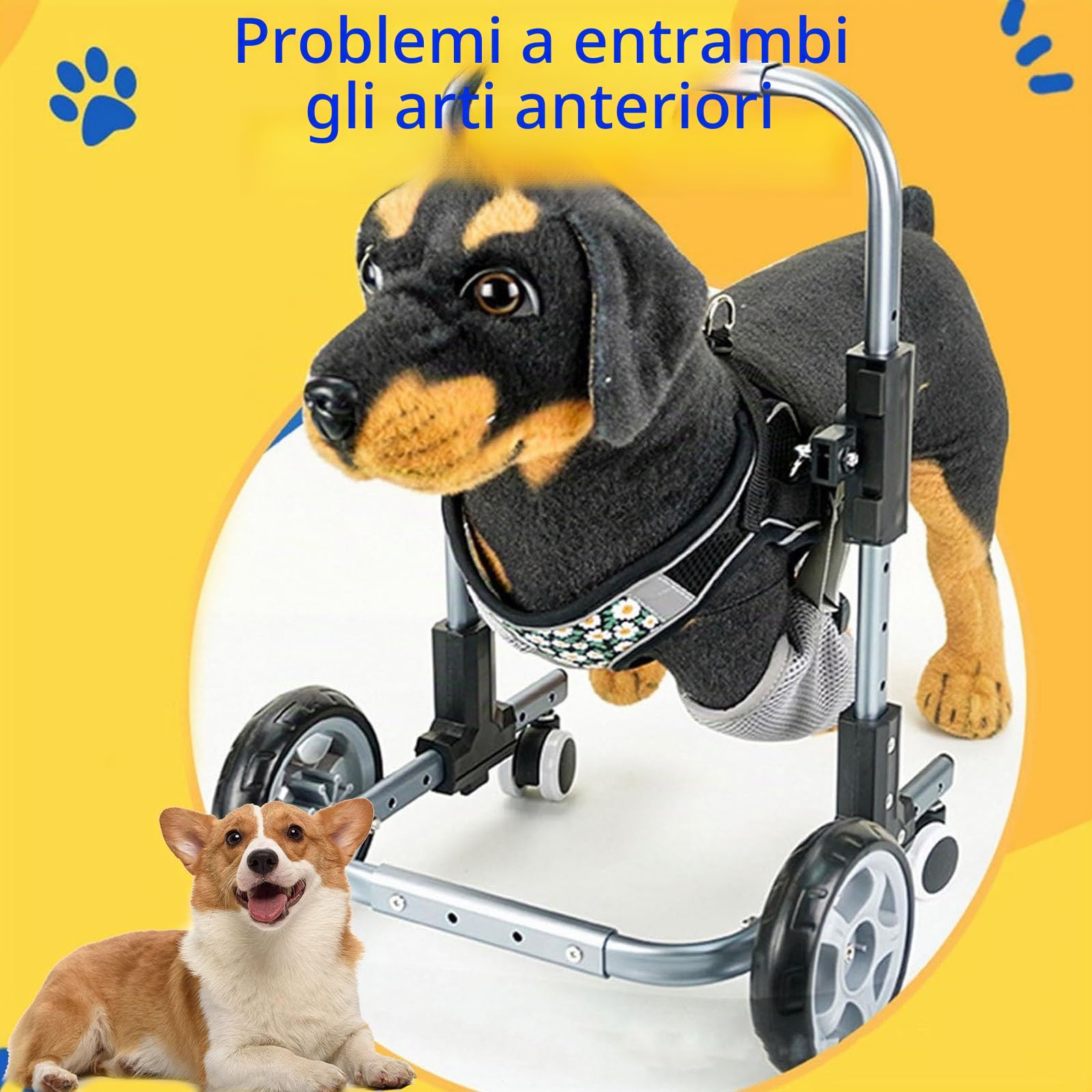 Sedia a rotelle per animali domestici disabili, ausilio per la mobilità a 4 ruote per il supporto delle zampe anteriori, passeggino con assistenza per la deambulazione per una cura migliorata degli
