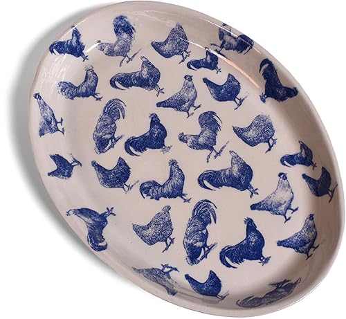 Vintage Chickens - Plato ovalado pequeño, cerámica americana hecha a mano, azul/blanco