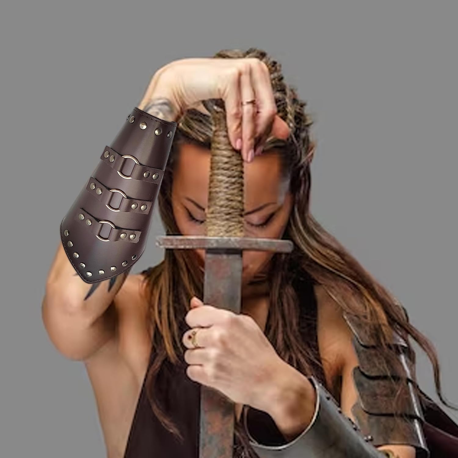 Miniatura 6 de 2 Pcs PU Leather Buckle Arm Bracers,Wristband Medieval Bracers Wrist Band Wide Bracer Arm Armor Cuff Halloween Jewerly