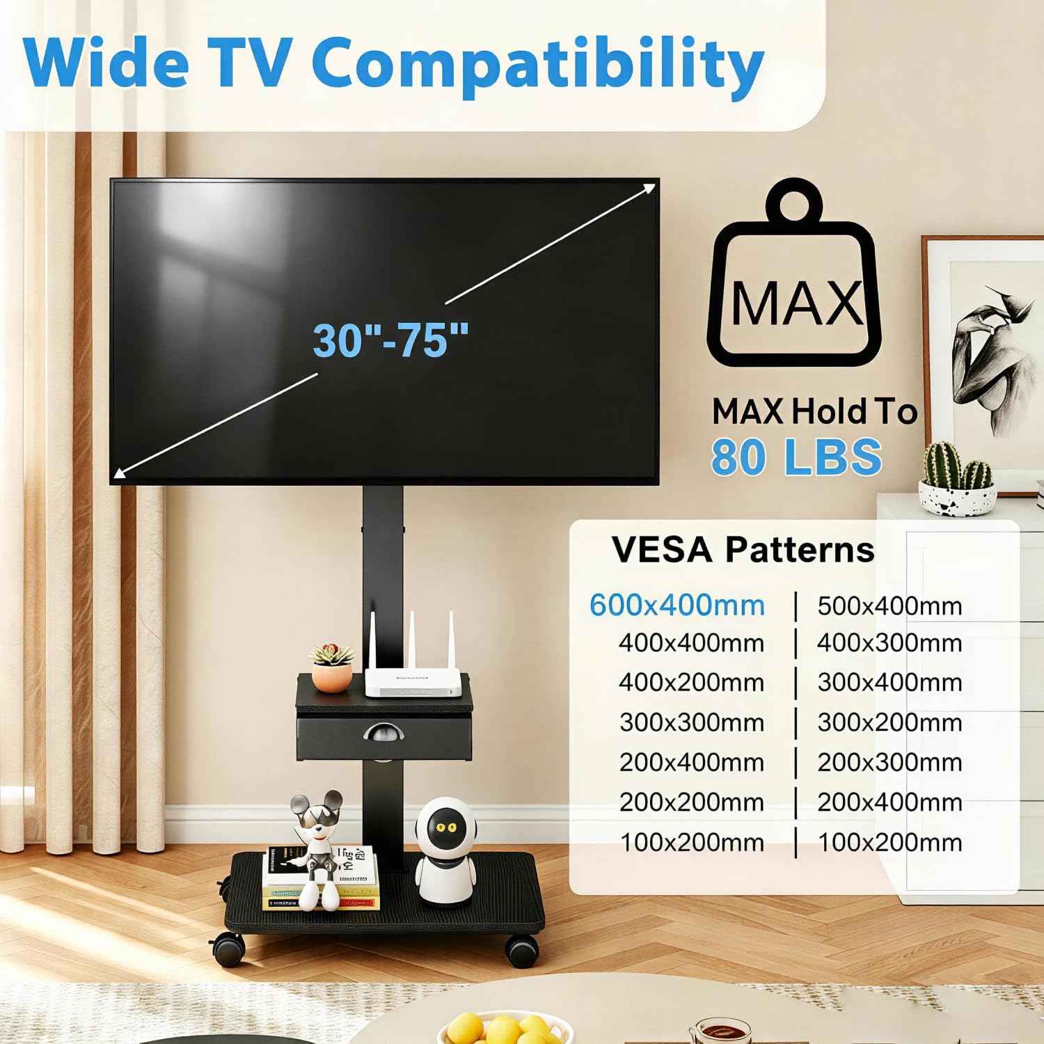 Rolling TV Stand With Drawer, TV Stand Cart On Wheels For 30-75 Inch TVs
