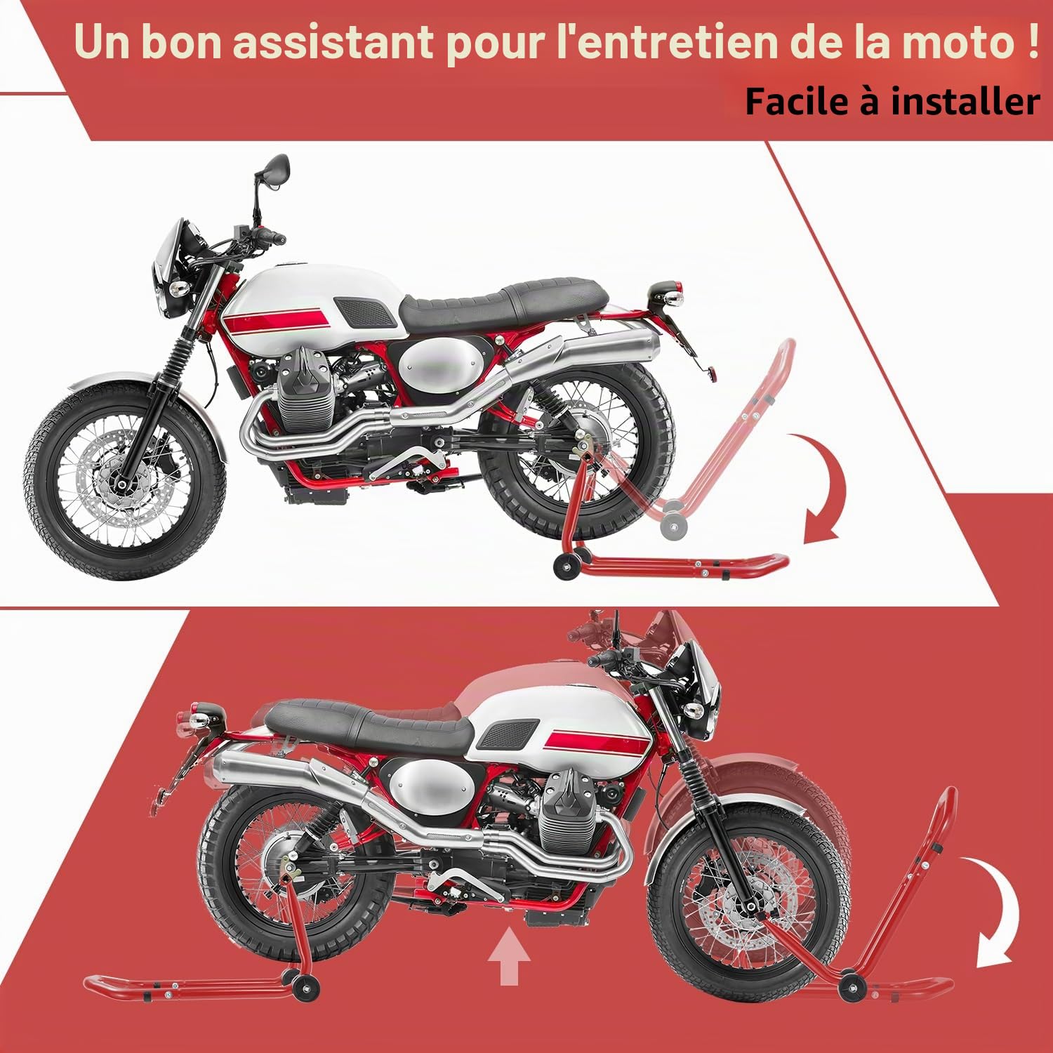 Béquille de montage arrière de moto, béquille de moto, levage de moto arrière, élévateur de montage en acier, largeur réglable, travaux de maintenance/montage pour motos jusqu'à 300 kg, rouge