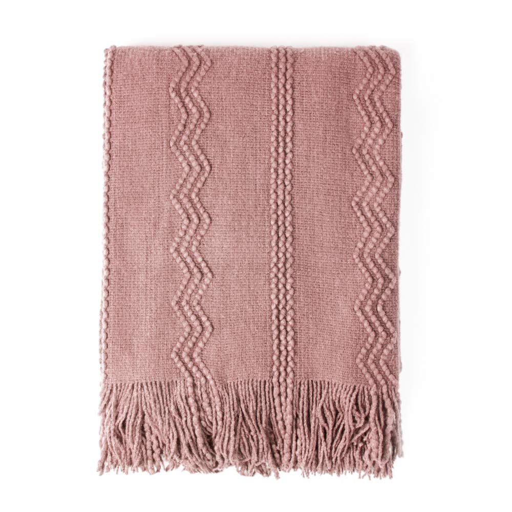 BOURINA Textured Solid Soft Sofa Throw Couch Cover Knitted Decorative Blanket,Coral Pink, 152x203cm