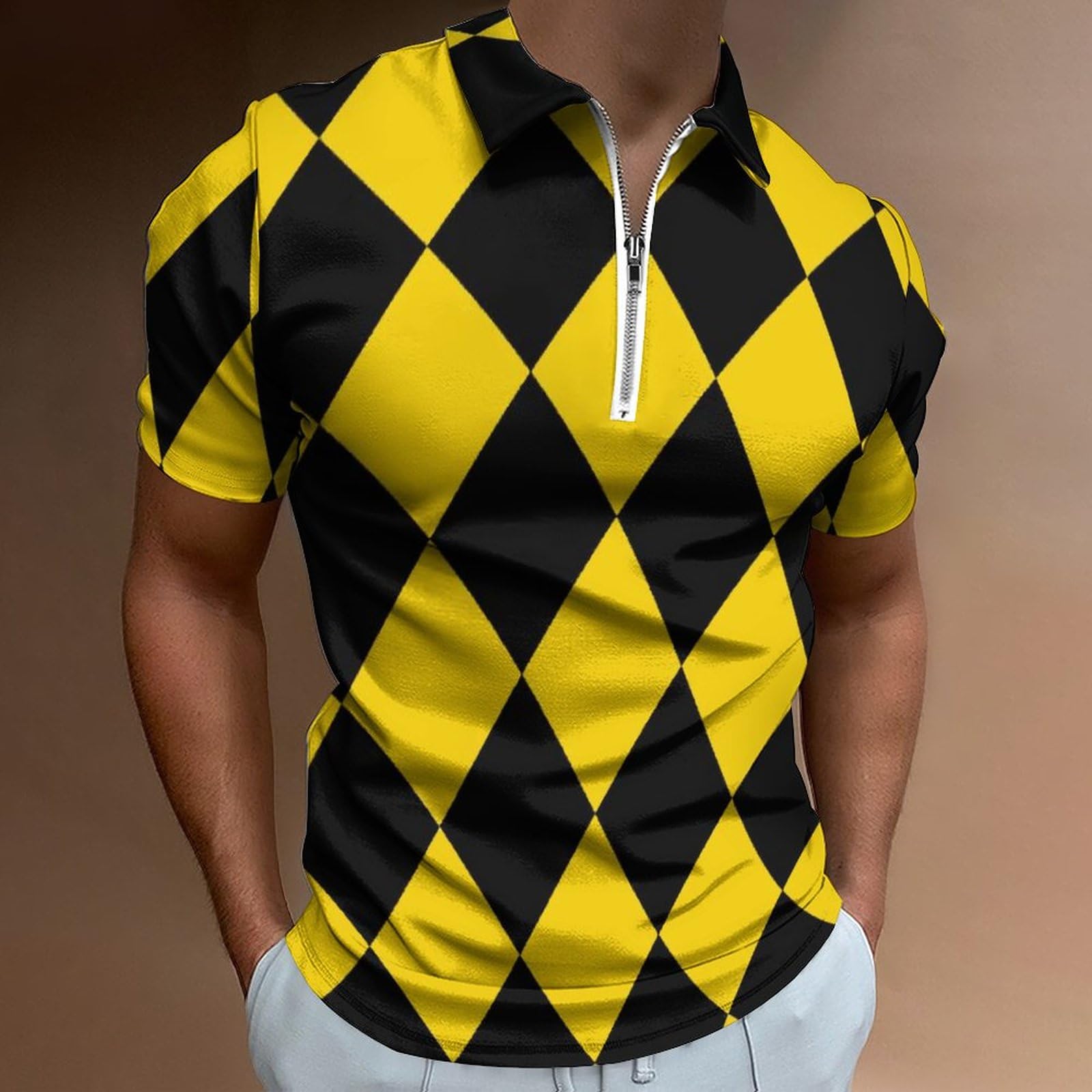 Yellow and Black Diamond Pattern Men Zippered Polo Shirt Slim Fit Short Sleeve Golf T Shirt Casual Beach Tops