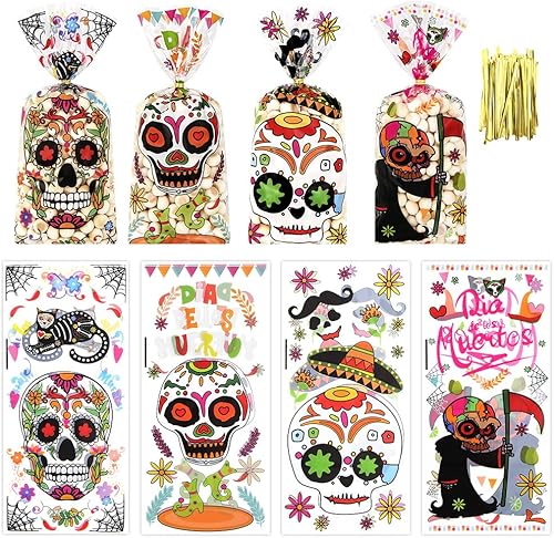 Bolsas de celofán con giro, diseño de calavera de azúcar, bolsa de regalo para fiesta de Día de los Muertos, bolsas de dulces de calavera para