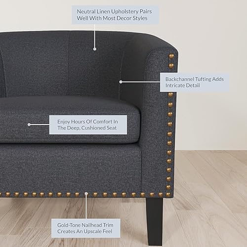 Miniatura 4 de BELLEZE Juego de 2 sillas Accent Barrel, moderna silla tapizada con ribete dorado de cabeza de uñas y patas negras para sala de estar, dormitorio,