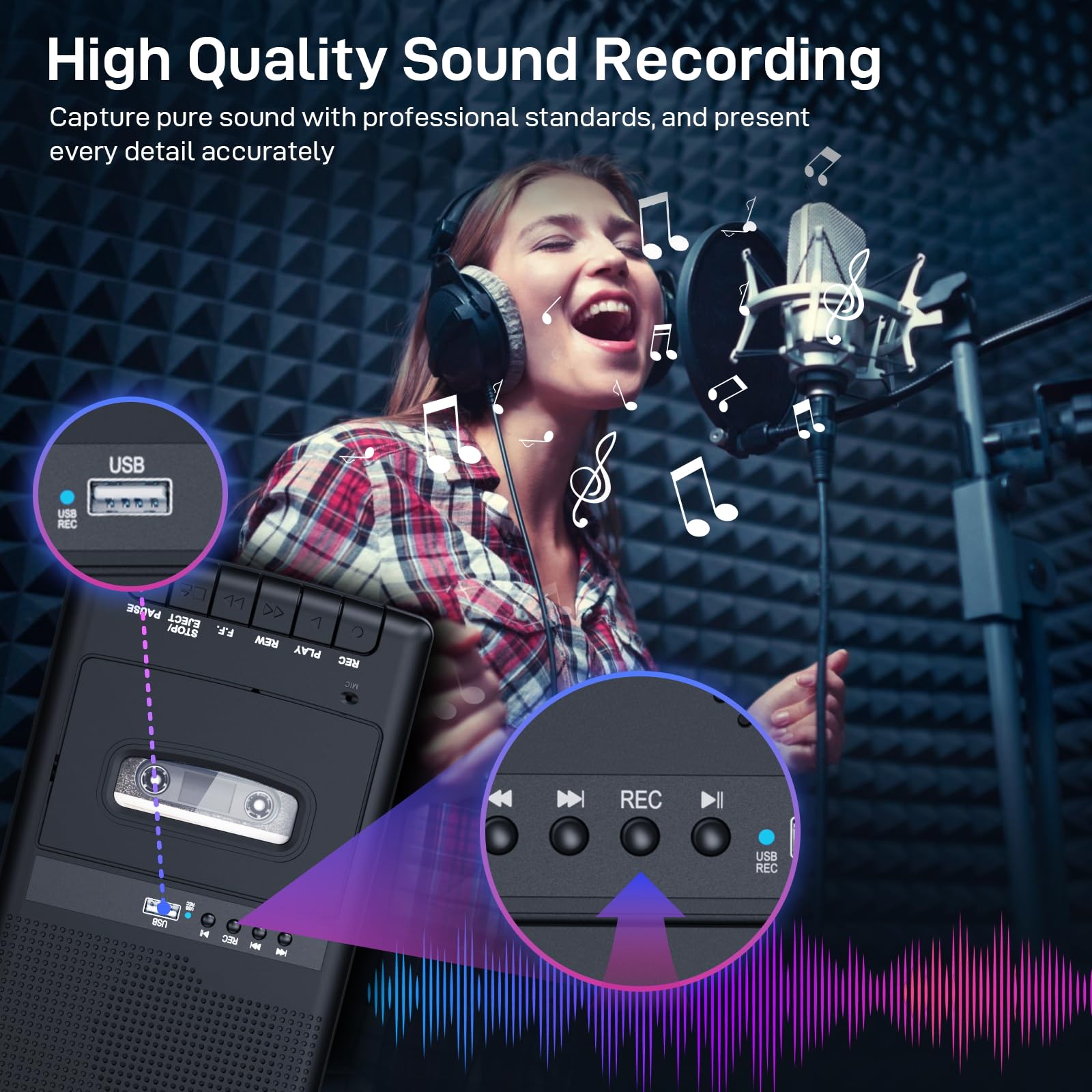Grabador de Cassette, Reproductor de casetes móvil y digitalizador USB,con Altavoz y micrófono,Mango Extensible, Auriculares